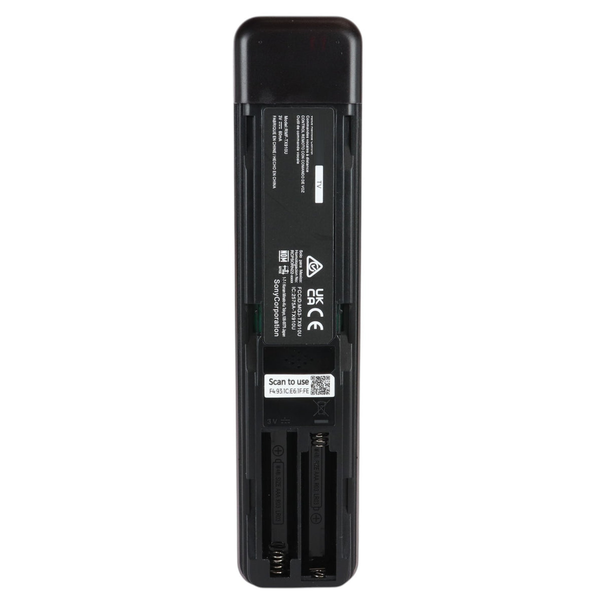 Anderic replacement voice remote for Sony Bravia TVs, back view showing battery compartment and model information.