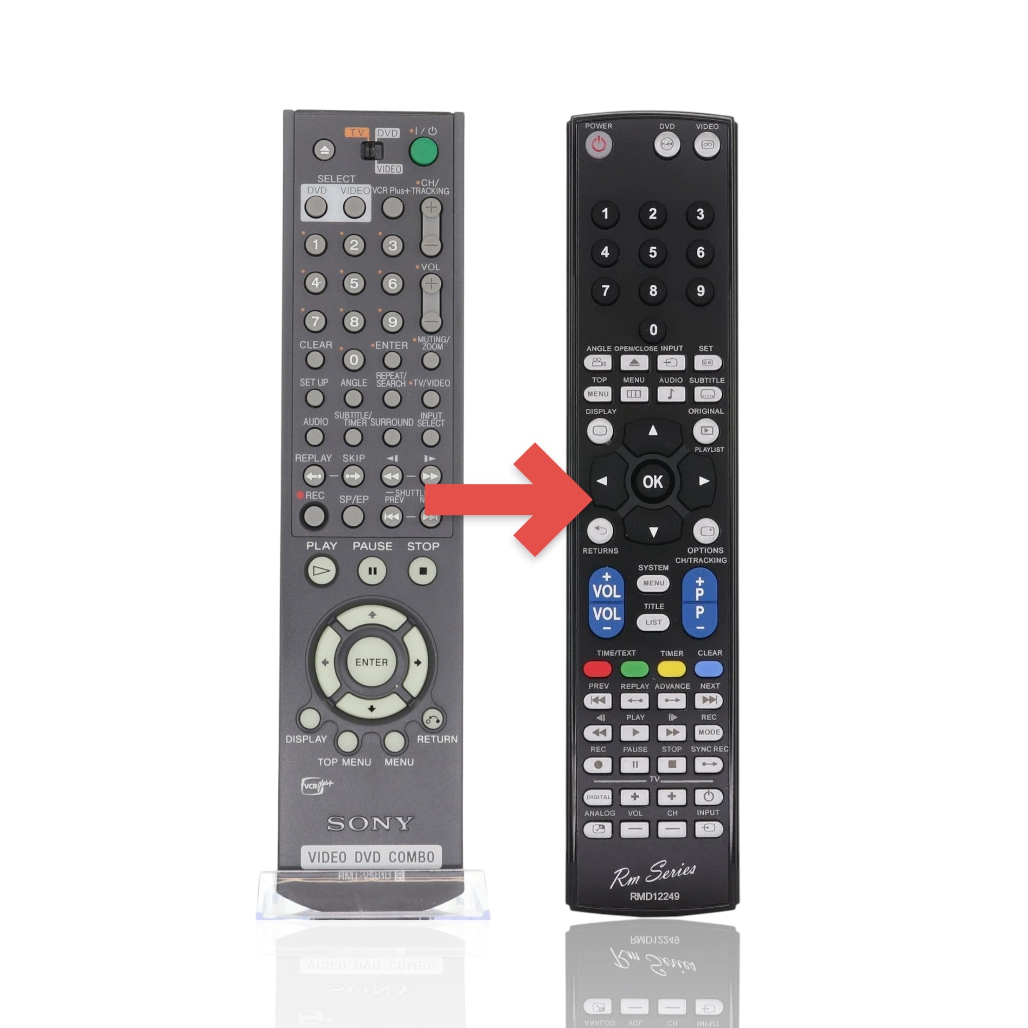 Anderic replacement remote control for Sony DVD and VCR combo players with black casing and labelled function buttons