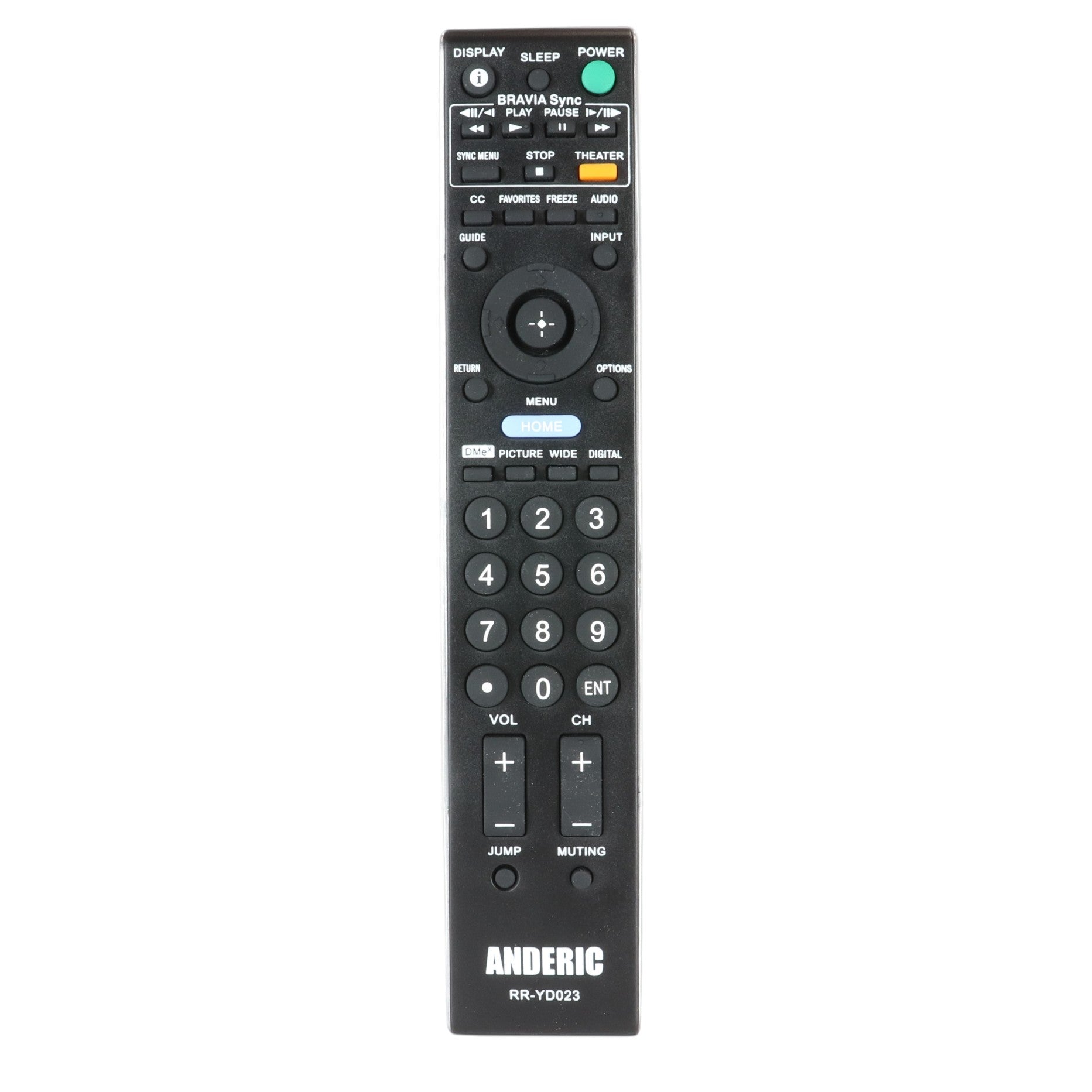 Anderic RRYD023 black replacement remote control for Sony LCD HDTVs with full button layout and BRAVIA Sync support