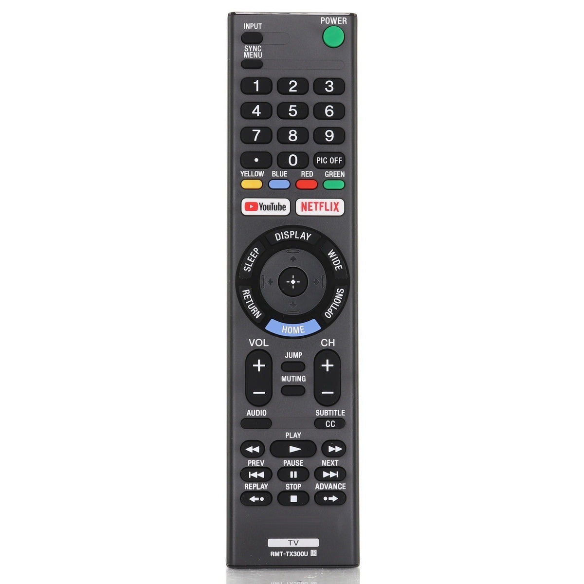 Anderic black replacement remote control for Sony Smart TVs with dedicated Netflix and YouTube buttons.