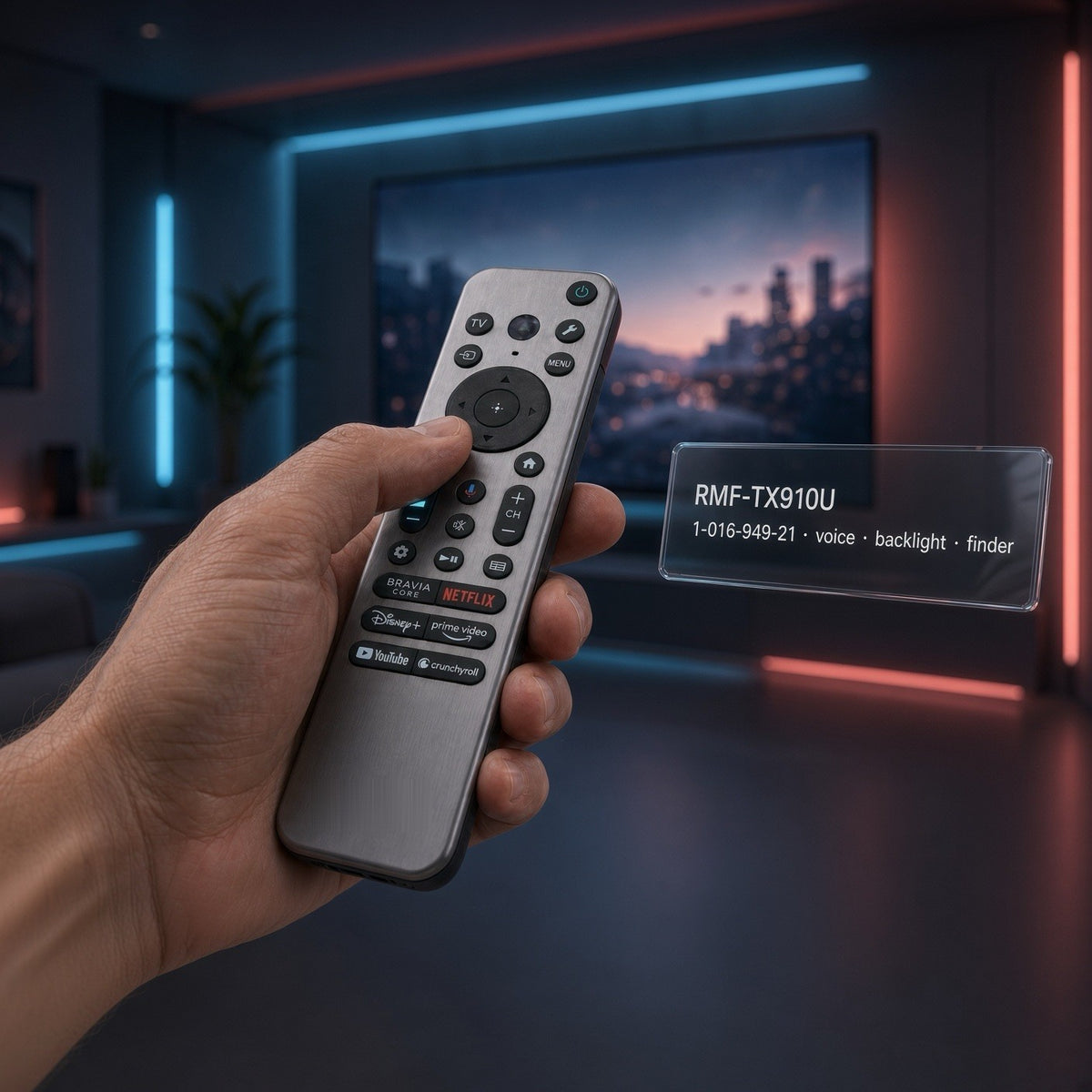 Anderic voice-enabled TV remote control for Sony BRAVIA XR, featuring backlight and finder buttons in a modern room.