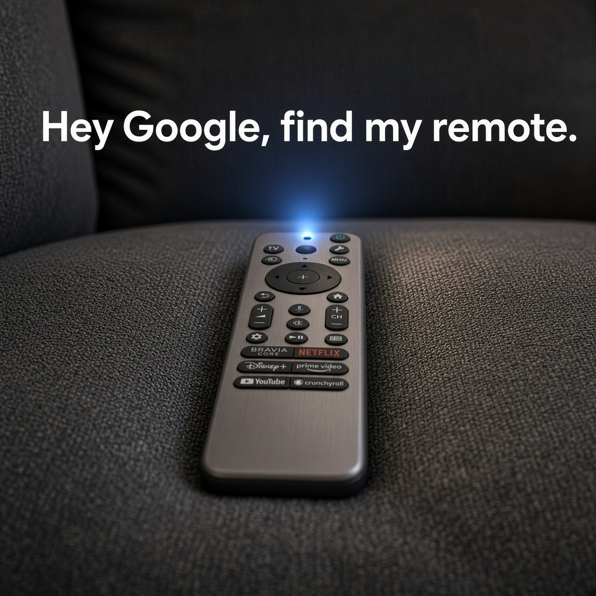 Anderic voice remote control for Sony TVs with streaming shortcut buttons resting on a grey fabric sofa