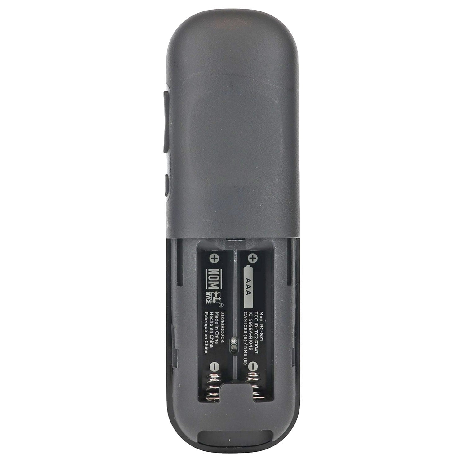 Anderic voice remote control for TCL Roku TV with battery compartment open showing AAA battery slots