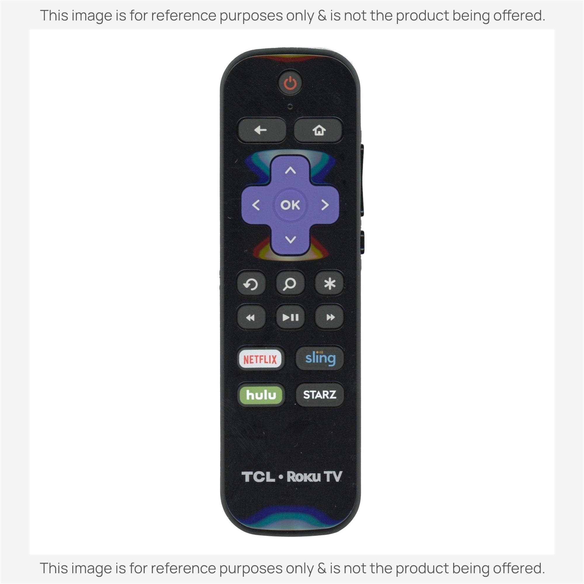 Anderic substitute remote for TCL Roku TV with voice control, purple directional pad, and streaming app shortcuts.