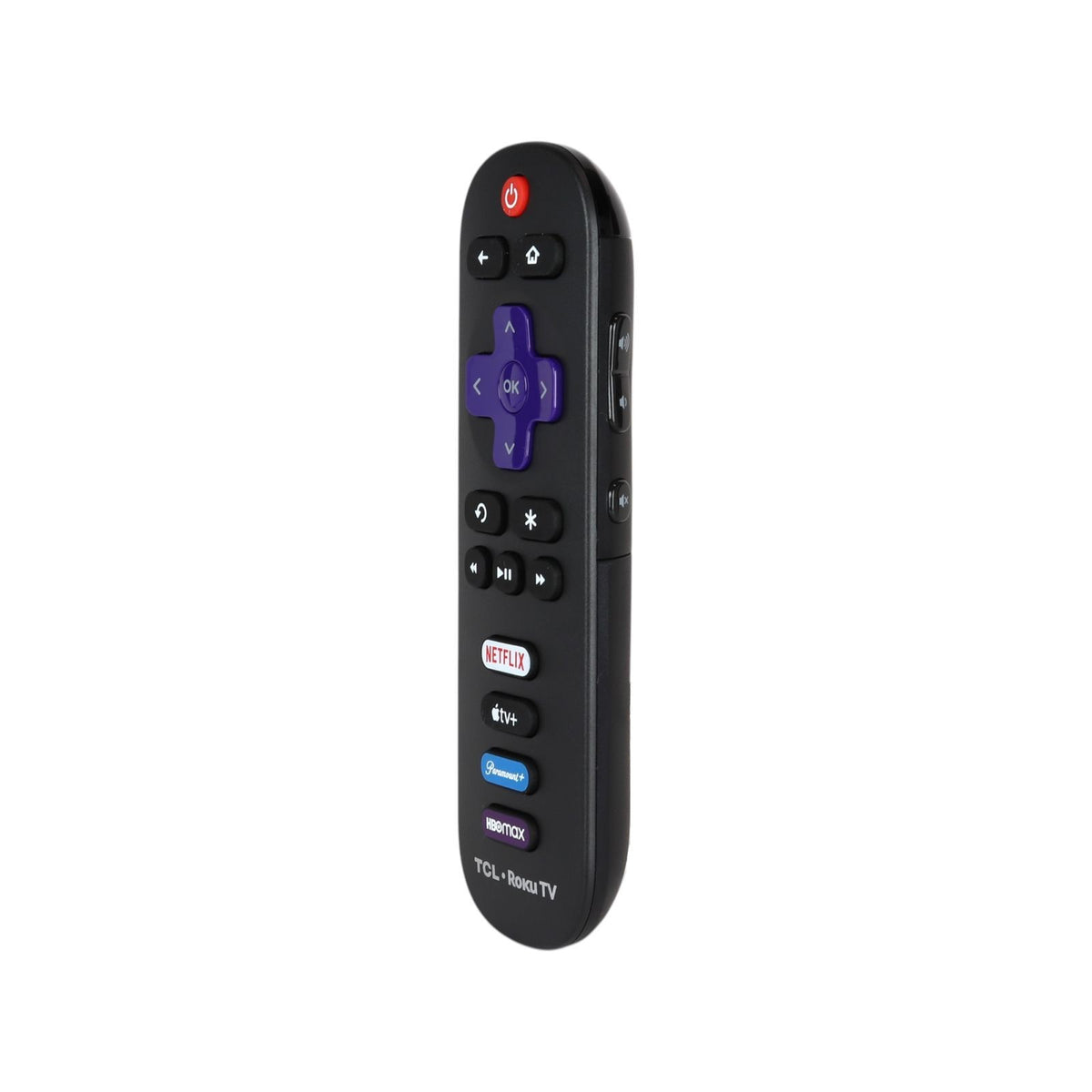 Anderic TCL Roku TV remote control with black casing, purple navigation pad, and dedicated streaming app buttons.