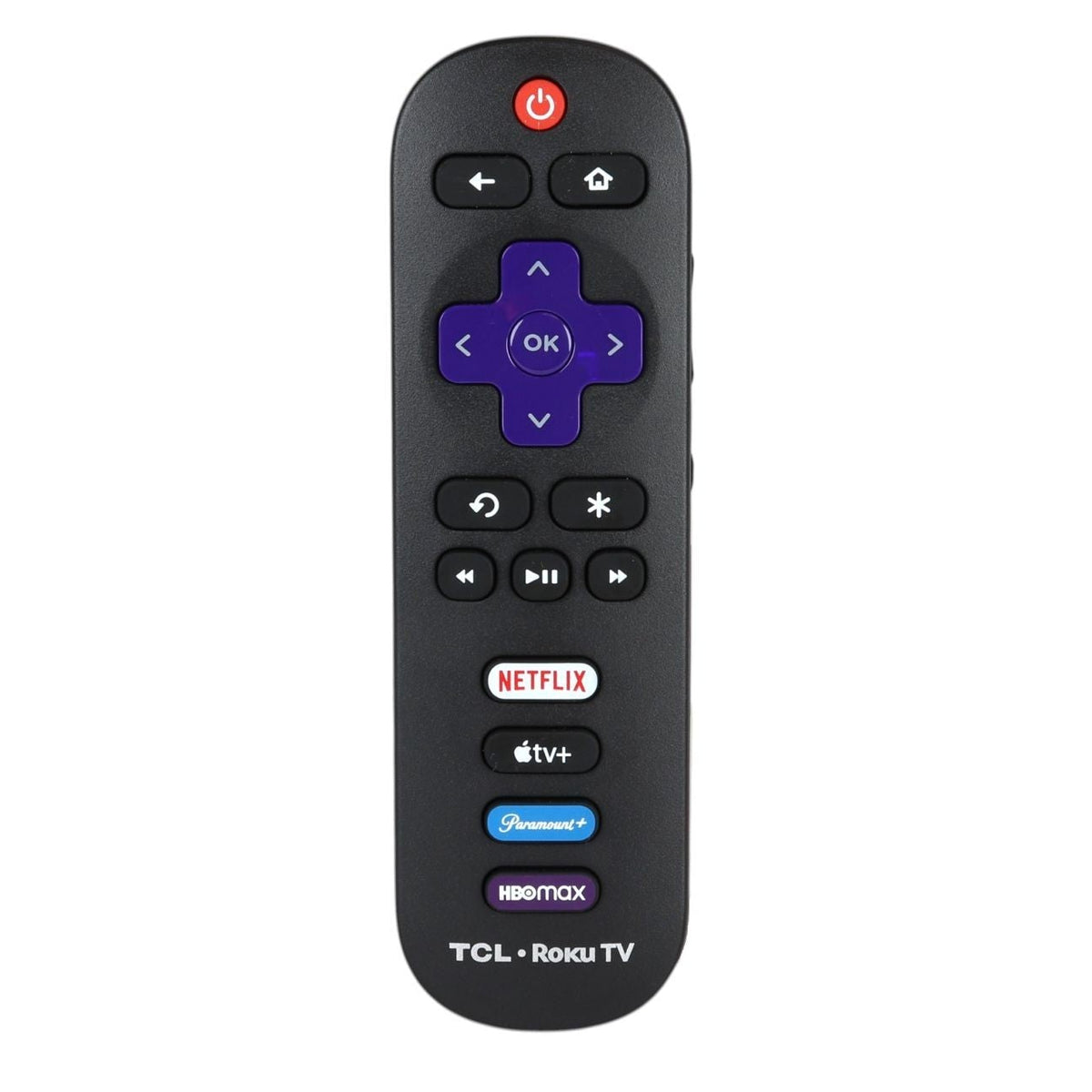 Anderic TCL RC280 Roku TV remote control in black with purple navigation pad and dedicated streaming shortcut buttons.