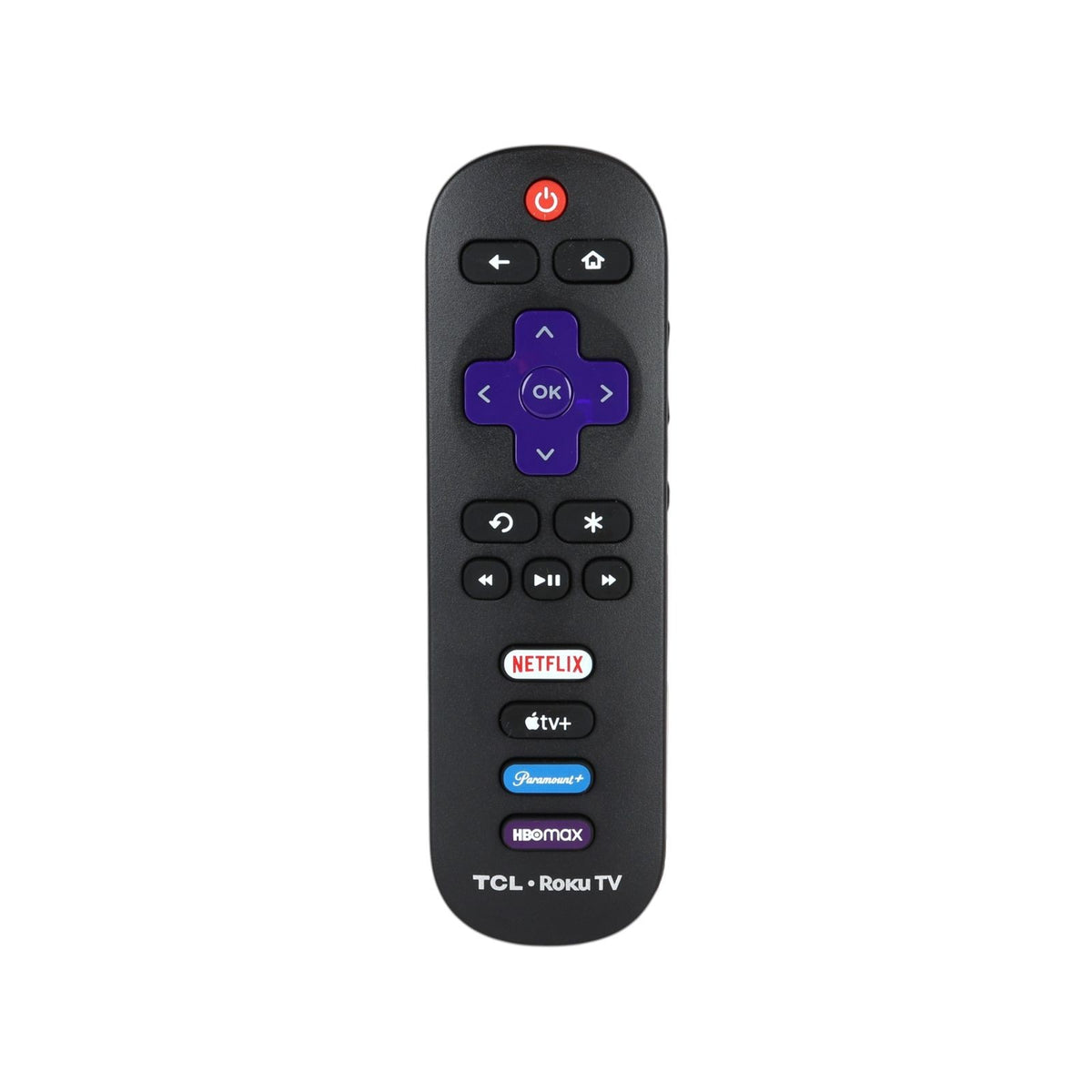 Anderic TCL RC280 Roku TV remote control in black with purple navigation pad and dedicated streaming shortcut buttons.