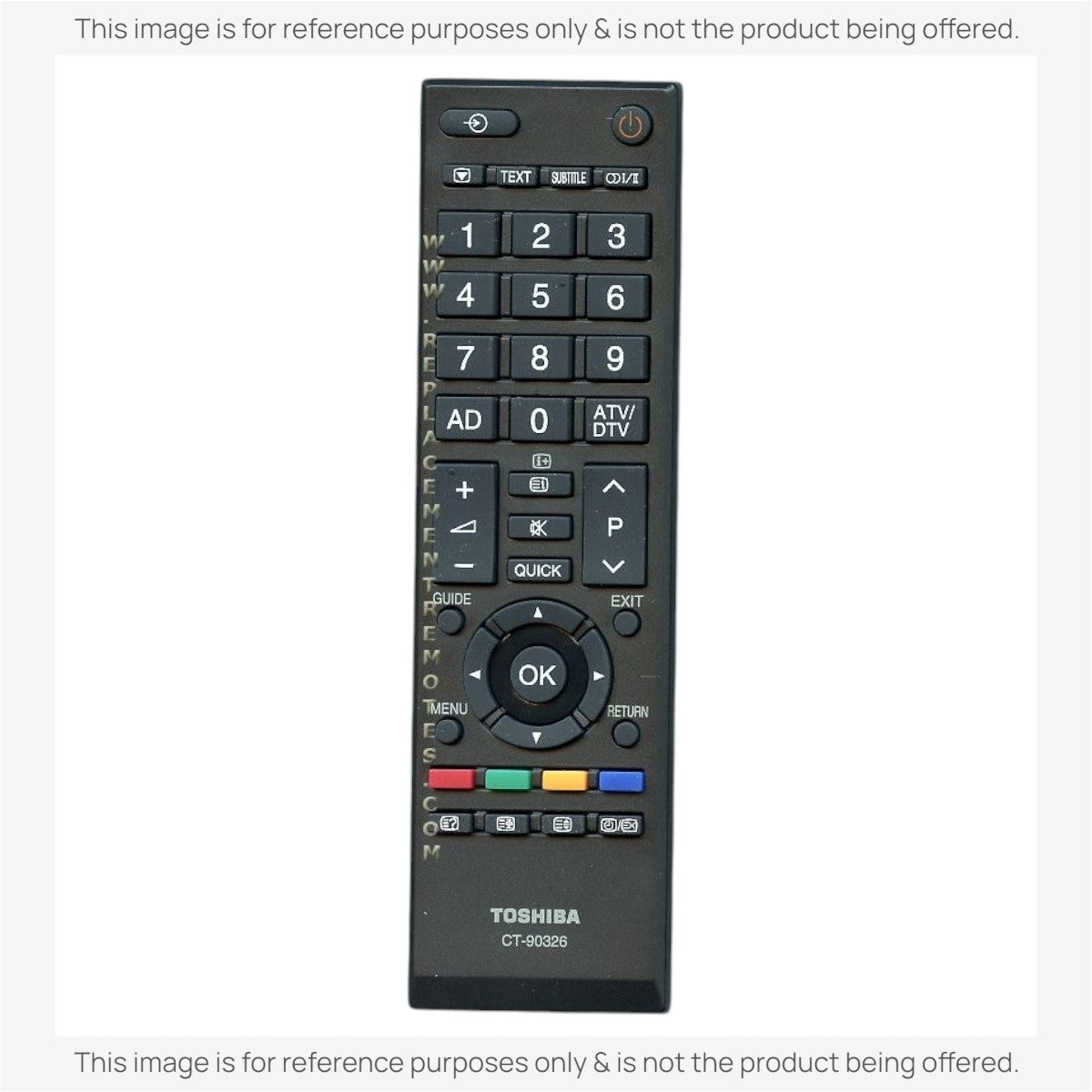 Anderic replacement black TV remote control for Toshiba CT90326 with numeric keypad and multi-colored function keys.