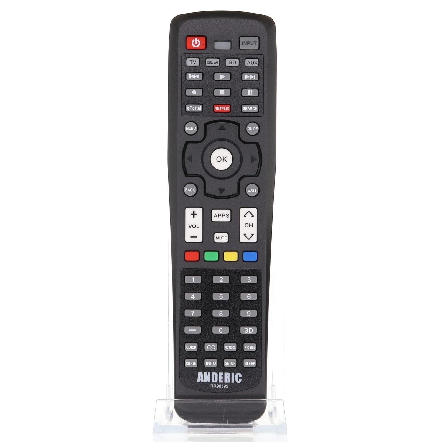 Anderic replacement black TV remote control for Toshiba CT90395 with dedicated Netflix and app buttons.