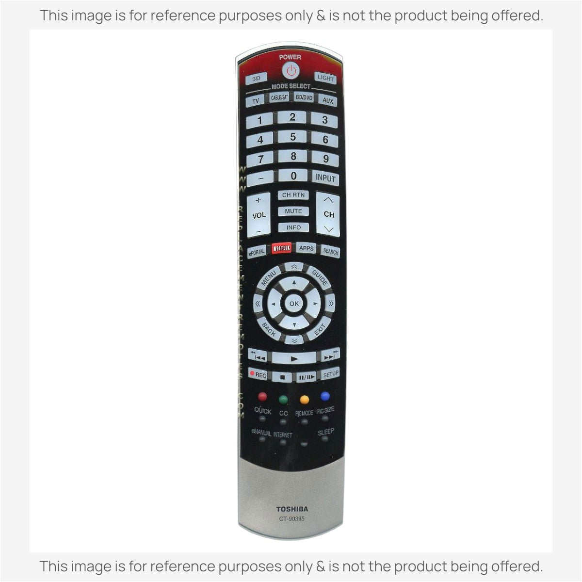 Anderic replacement Toshiba CT90395 TV remote control with black and silver finish and dedicated Netflix button.