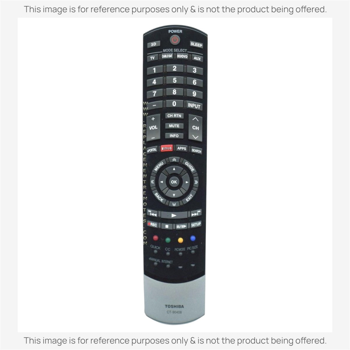 Anderic replacement black and silver TV remote control for Toshiba CT90408 with dedicated Netflix and menu buttons.