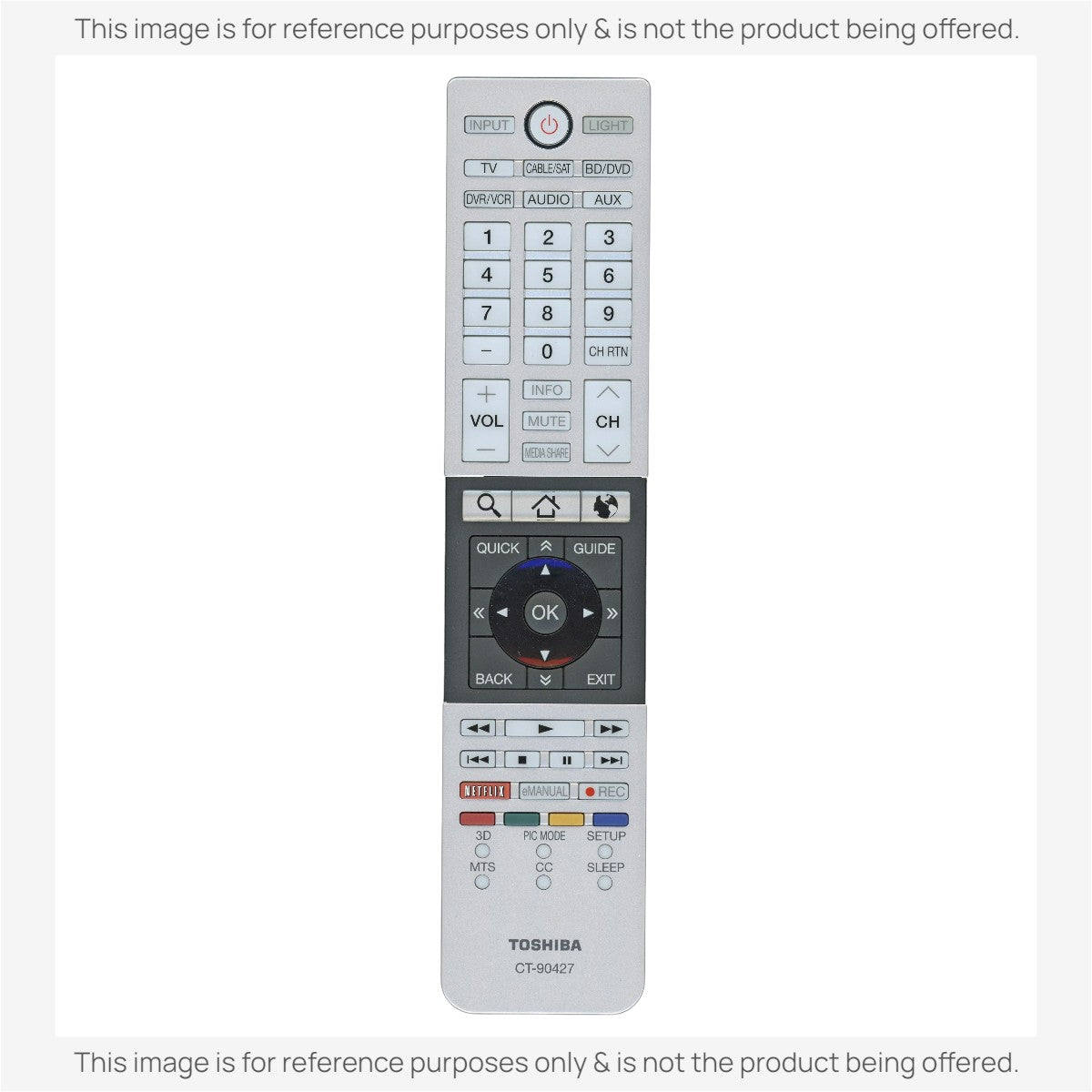 Anderic replacement Toshiba CT90427 TV remote control with silver finish and dedicated Netflix button.