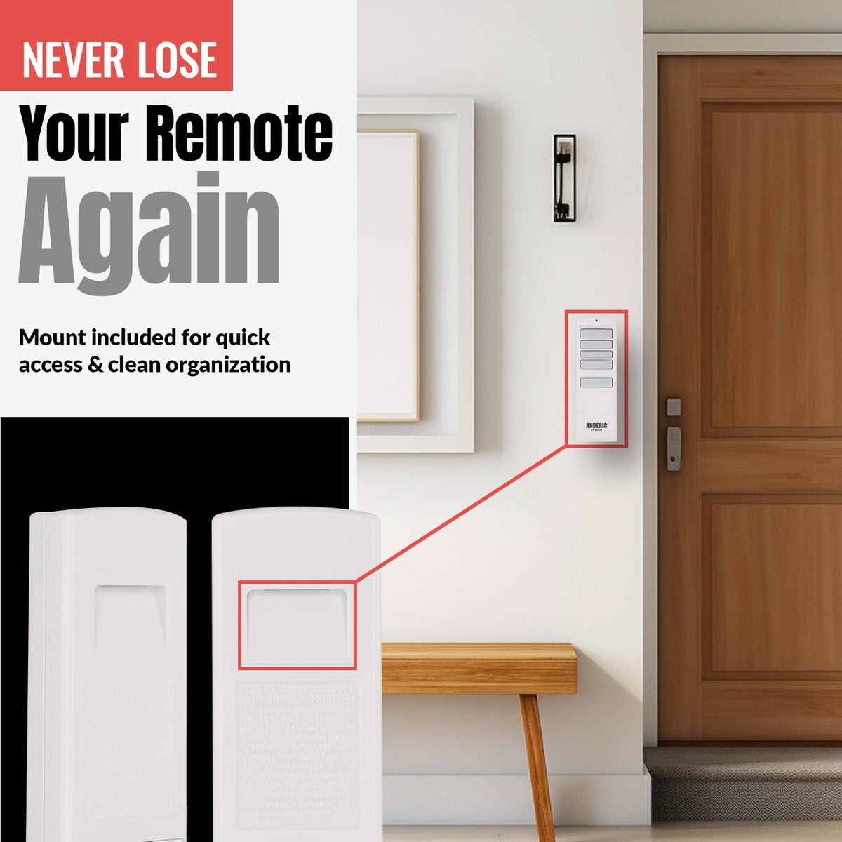 Anderic TR258A 3-speed AC ceiling fan remote control with wall mount for easy storage and organization