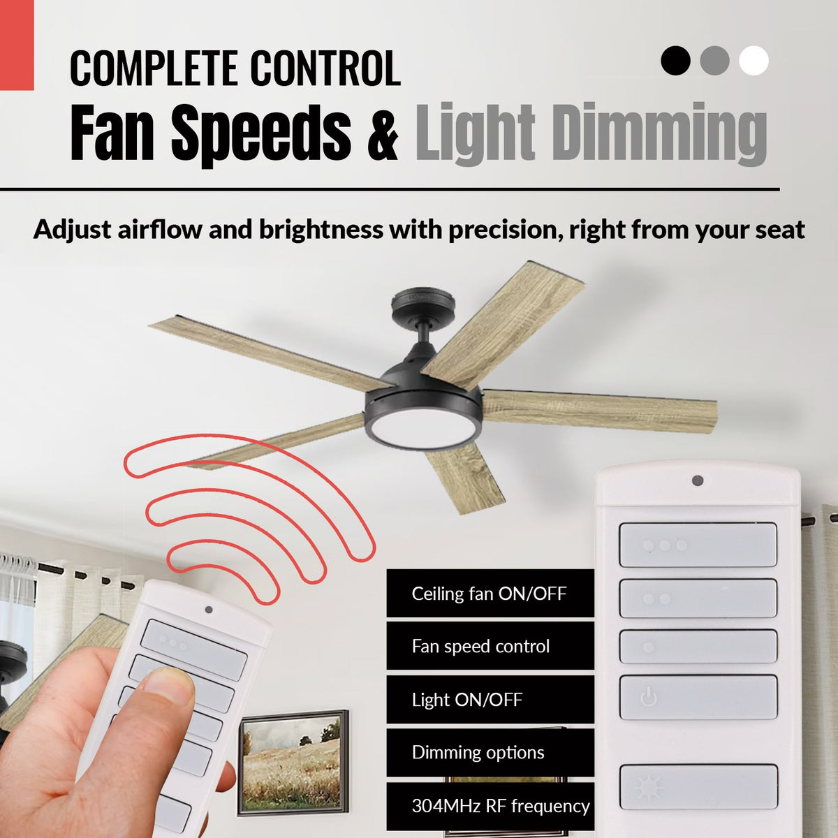 Anderic TR258A ceiling fan remote control with 3-speed and light dimming buttons held in hand near a ceiling fan.