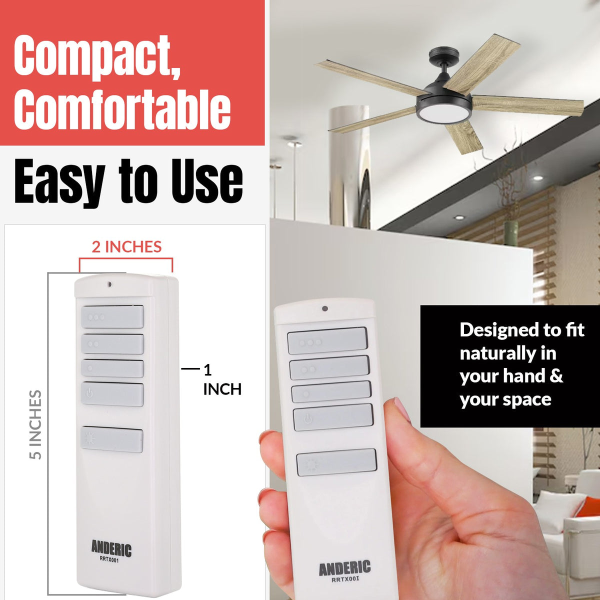 Anderic TR258A 3-speed AC ceiling fan remote control in white with button layout and dimensions shown.