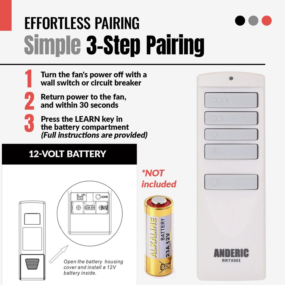 Anderic TR258A 3-speed AC ceiling fan remote control with pairing instructions and 12V battery diagram