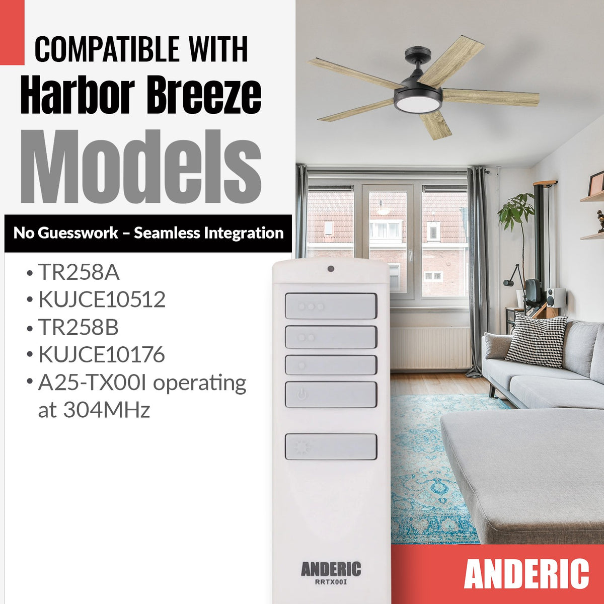 Anderic TR258A white 3-speed AC ceiling fan remote control with light button, shown against a living room background.