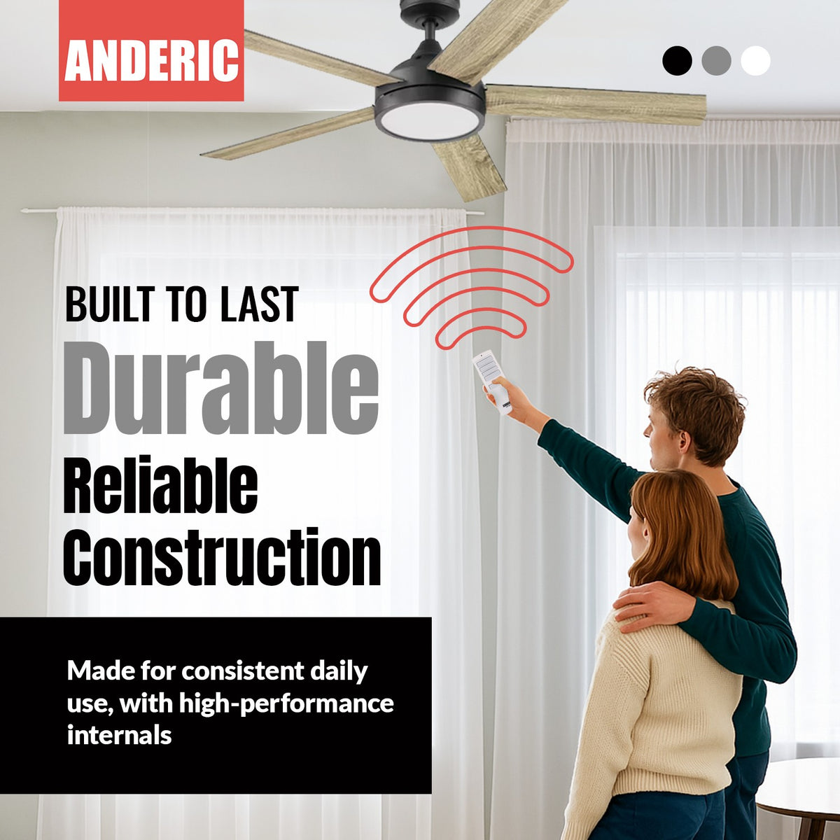 Anderic TR258A 3-speed AC ceiling fan remote control being used by a couple to operate a modern ceiling fan