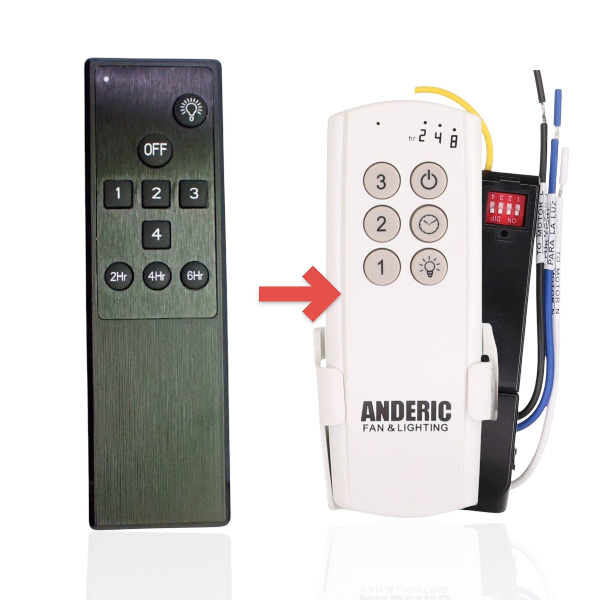 Anderic TR262B KUJCE10705 ceiling fan remote control with black brushed finish, light button, and timer settings.