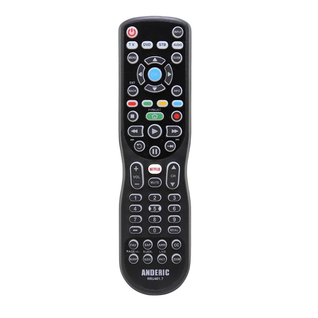 Anderic RRU401.7 black TV remote control with Netflix button and numbered keypad.