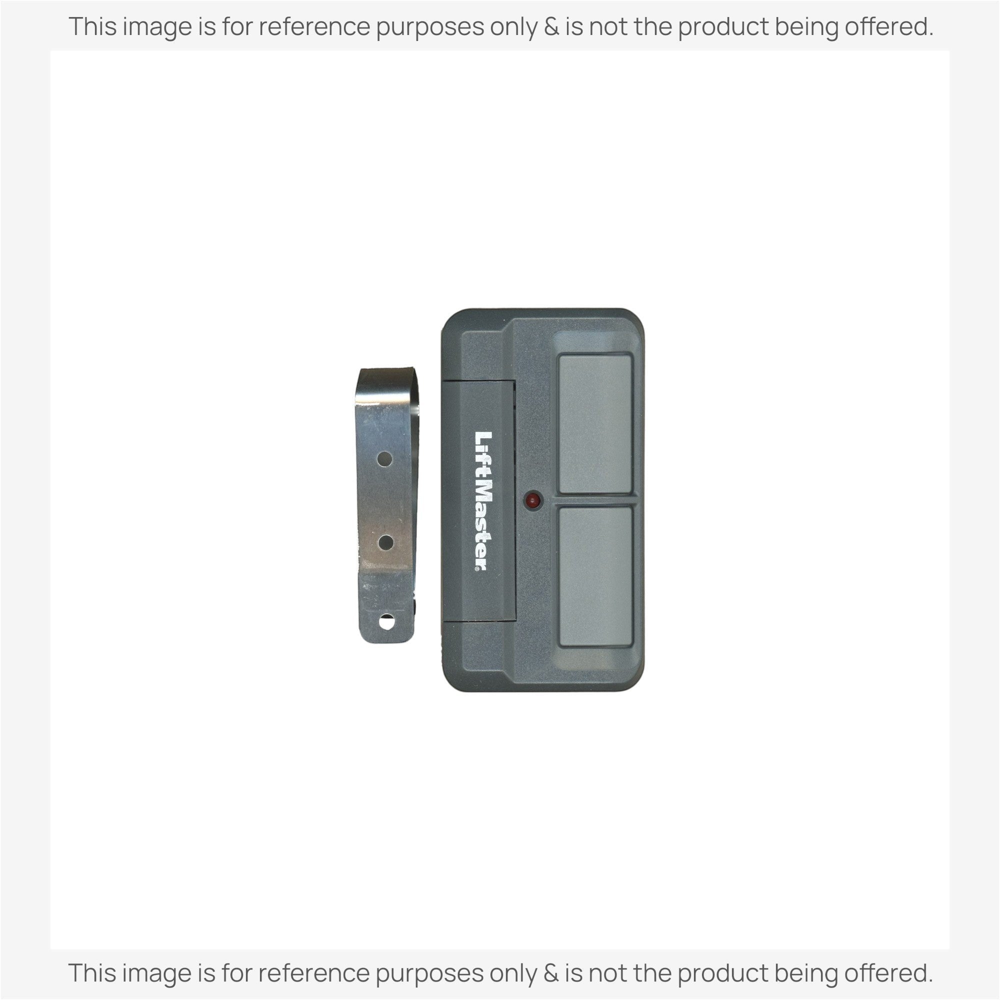 Anderic two-button garage door opener remote with metal visor clip, grey plastic casing, and red indicator light.