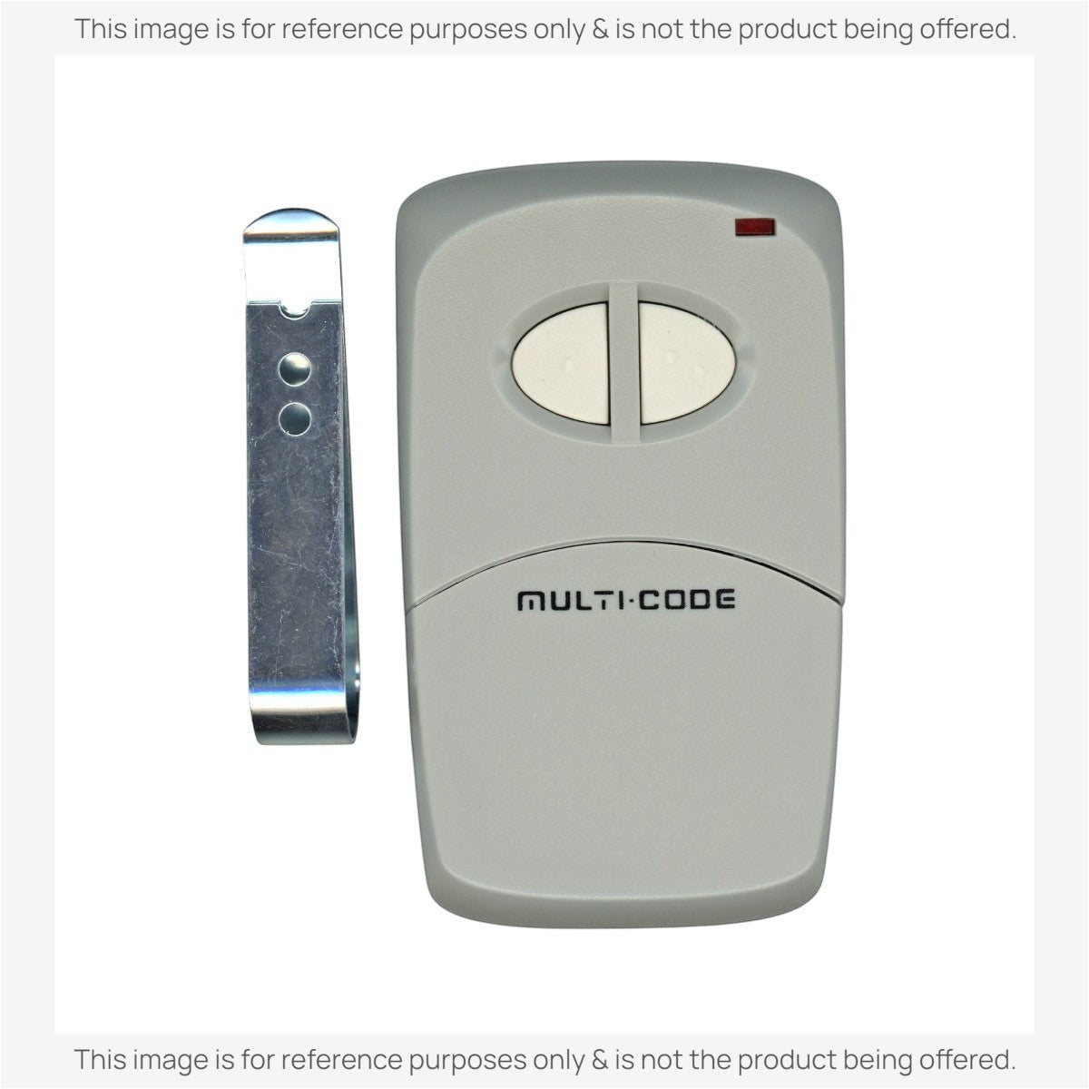 Anderic two-button garage door remote control in grey with a metal visor clip, compatible with 300 MHz systems.