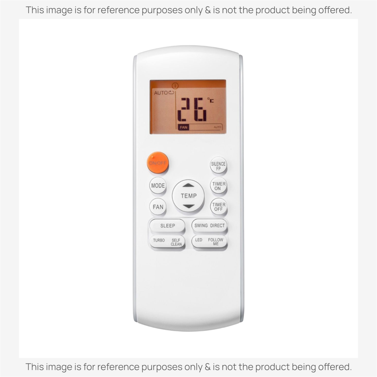 Anderic universal air conditioner remote control with a backlit LCD screen, white casing, and orange power button.