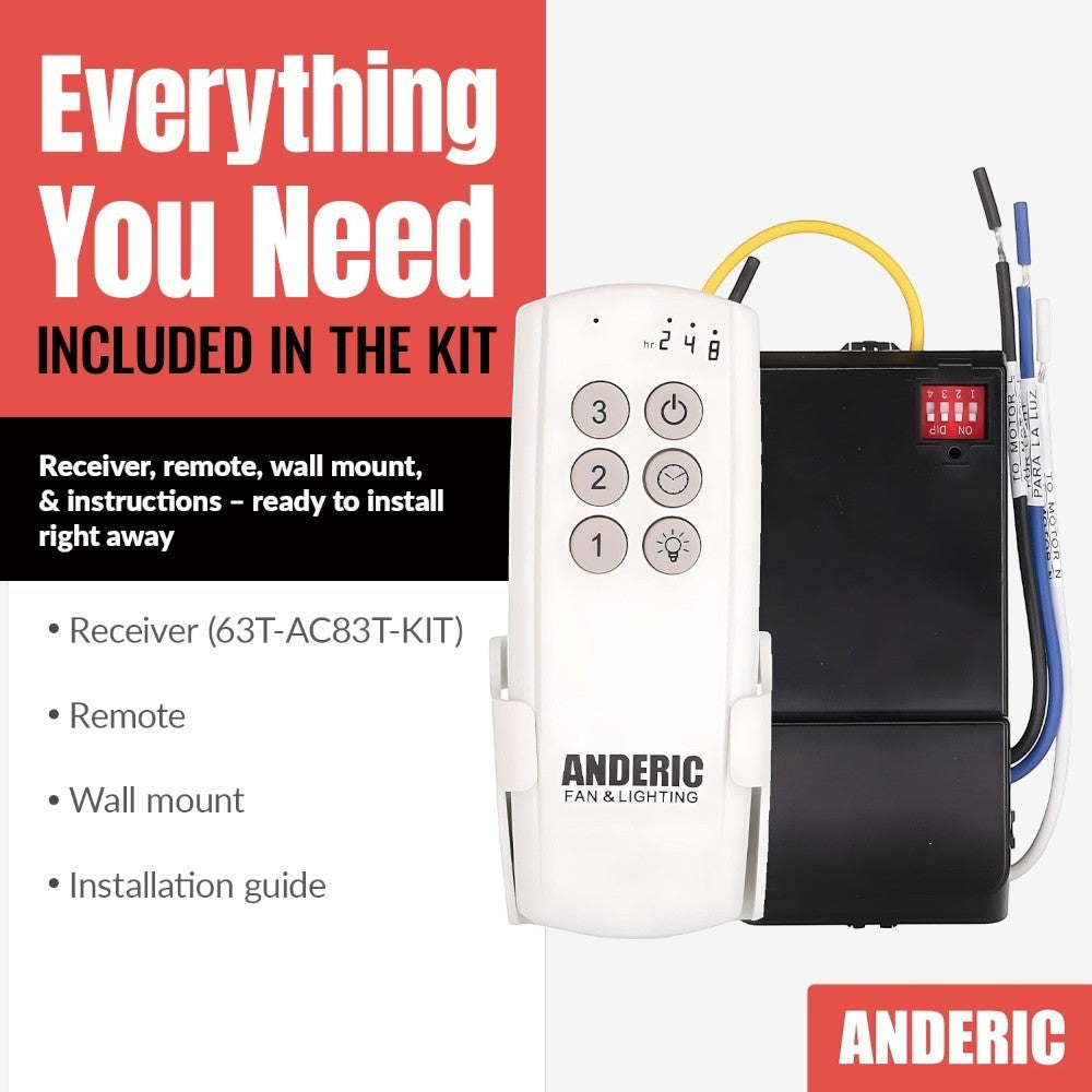 Anderic universal ceiling fan remote control kit with receiver, wall mount, and 3-speed settings in white and black.