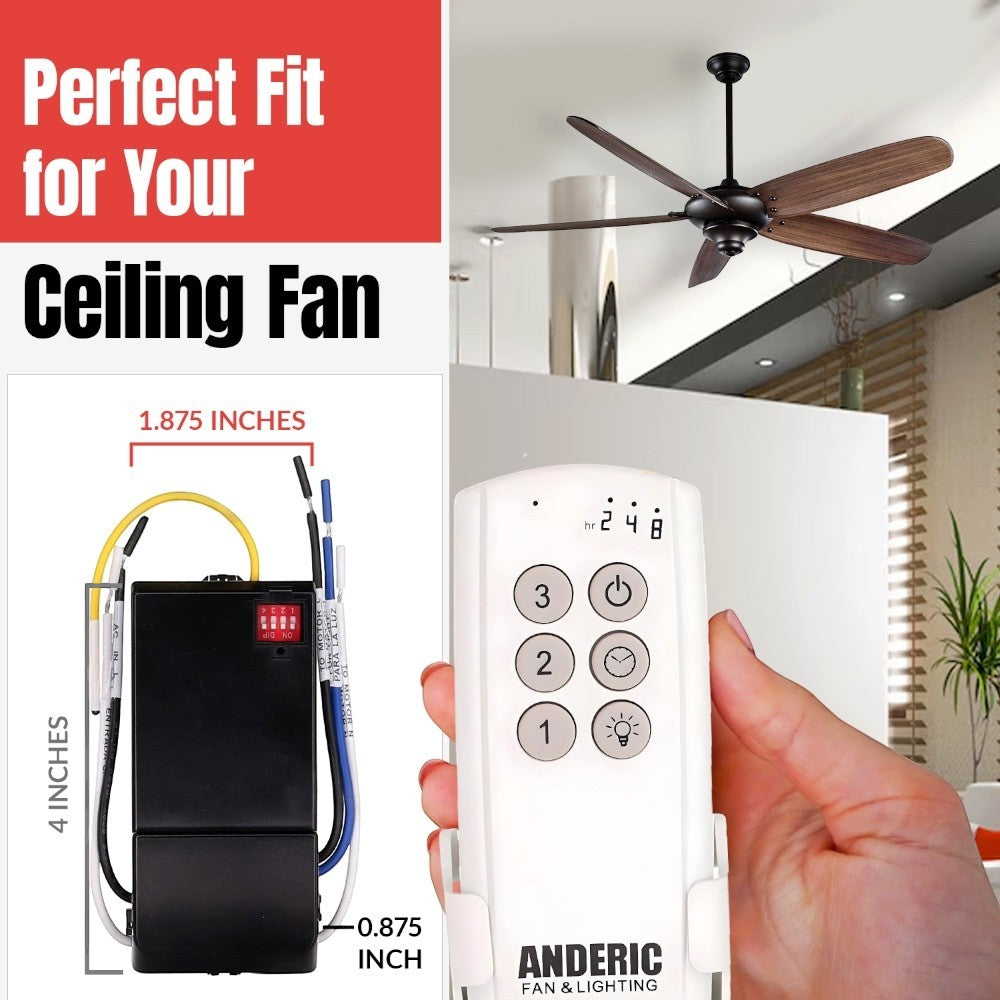 Anderic universal ceiling fan remote control kit with receiver, showing button layout and dimensions for installation.