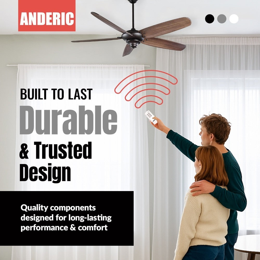 Anderic universal ceiling fan remote control kit being used by a couple to operate a dark wood ceiling fan