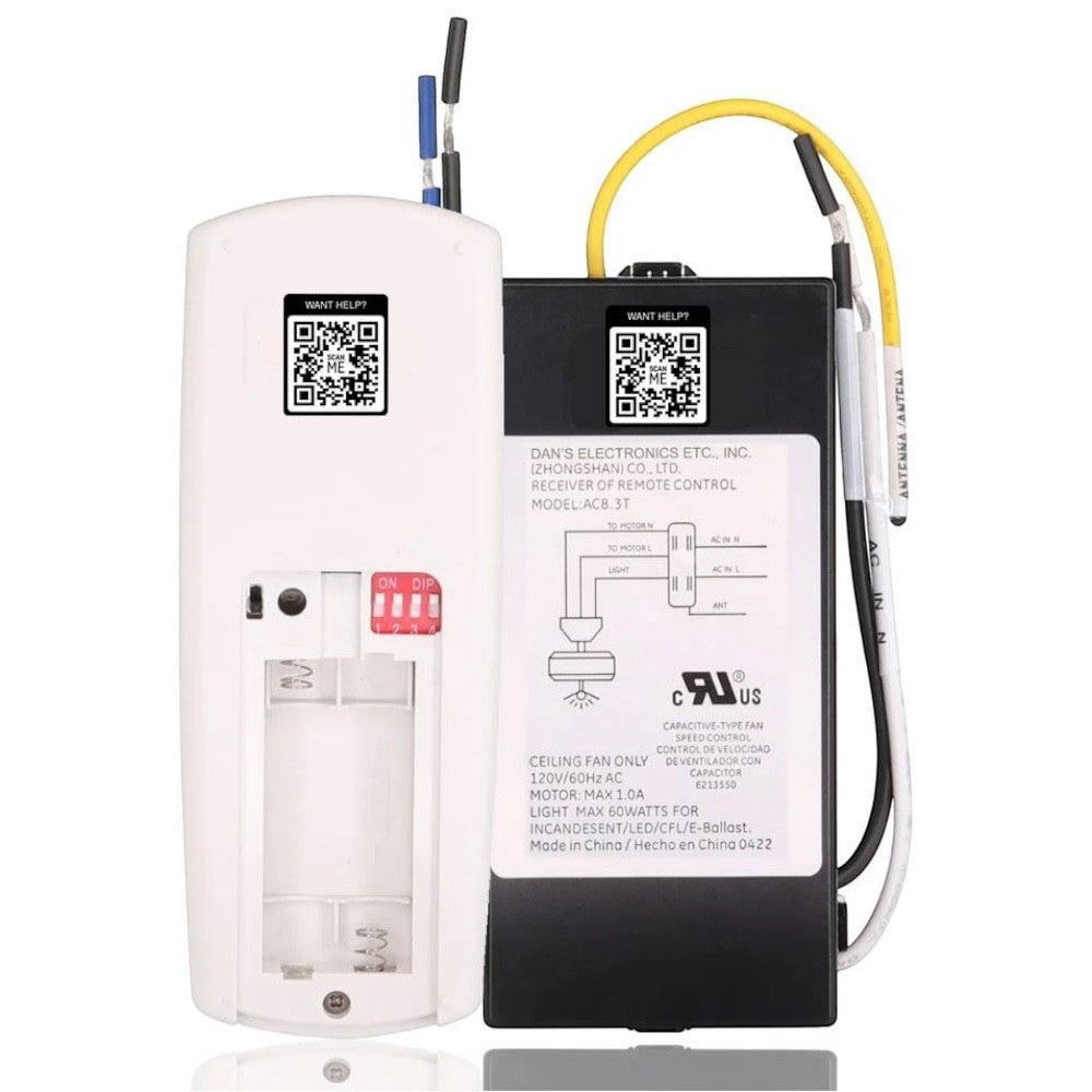 Anderic universal ceiling fan remote control and receiver kit with wiring and dip switches for speed settings.