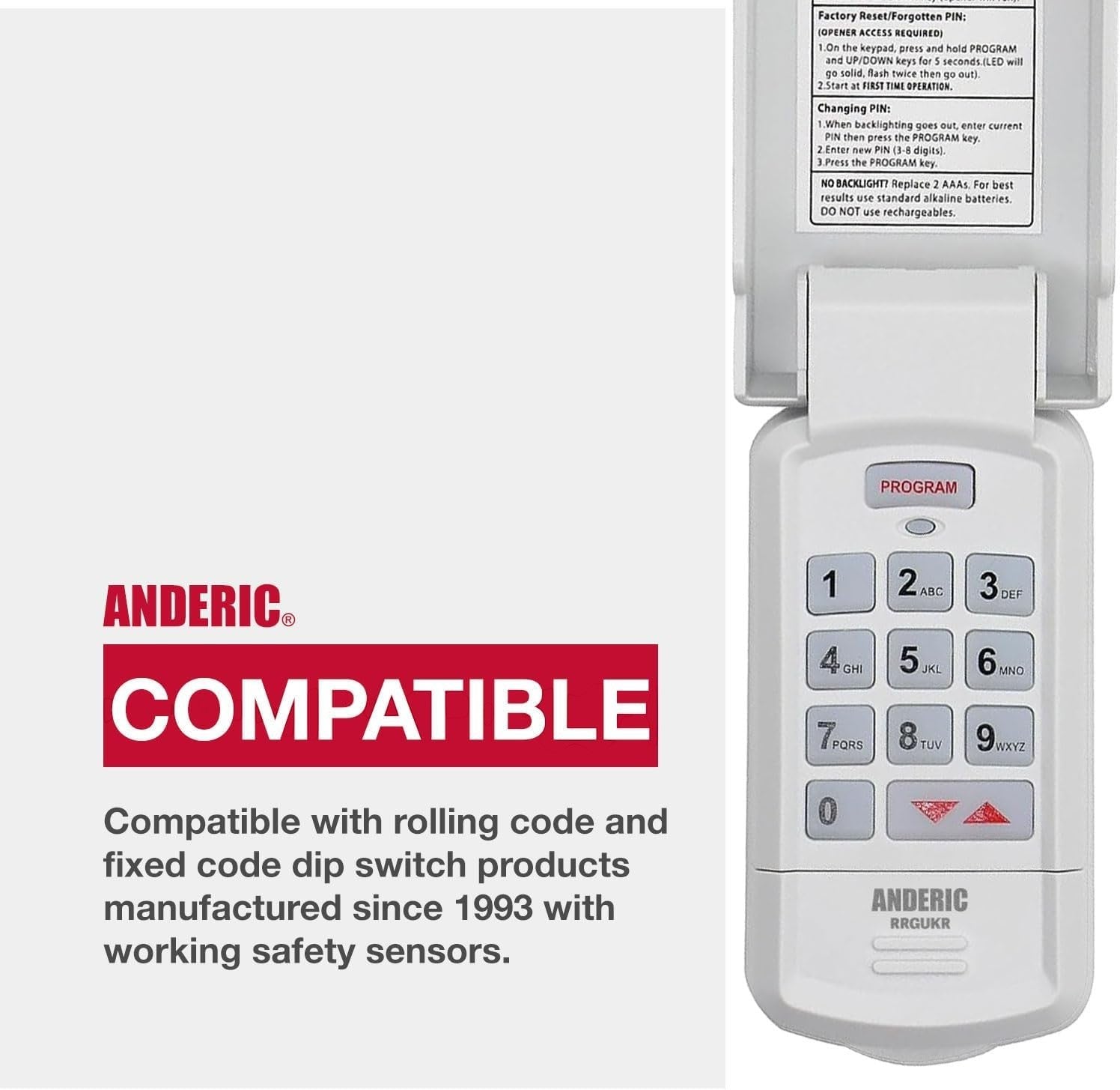 Anderic wireless garage door keypad with flip cover, numeric buttons, and program key for multi-door control.