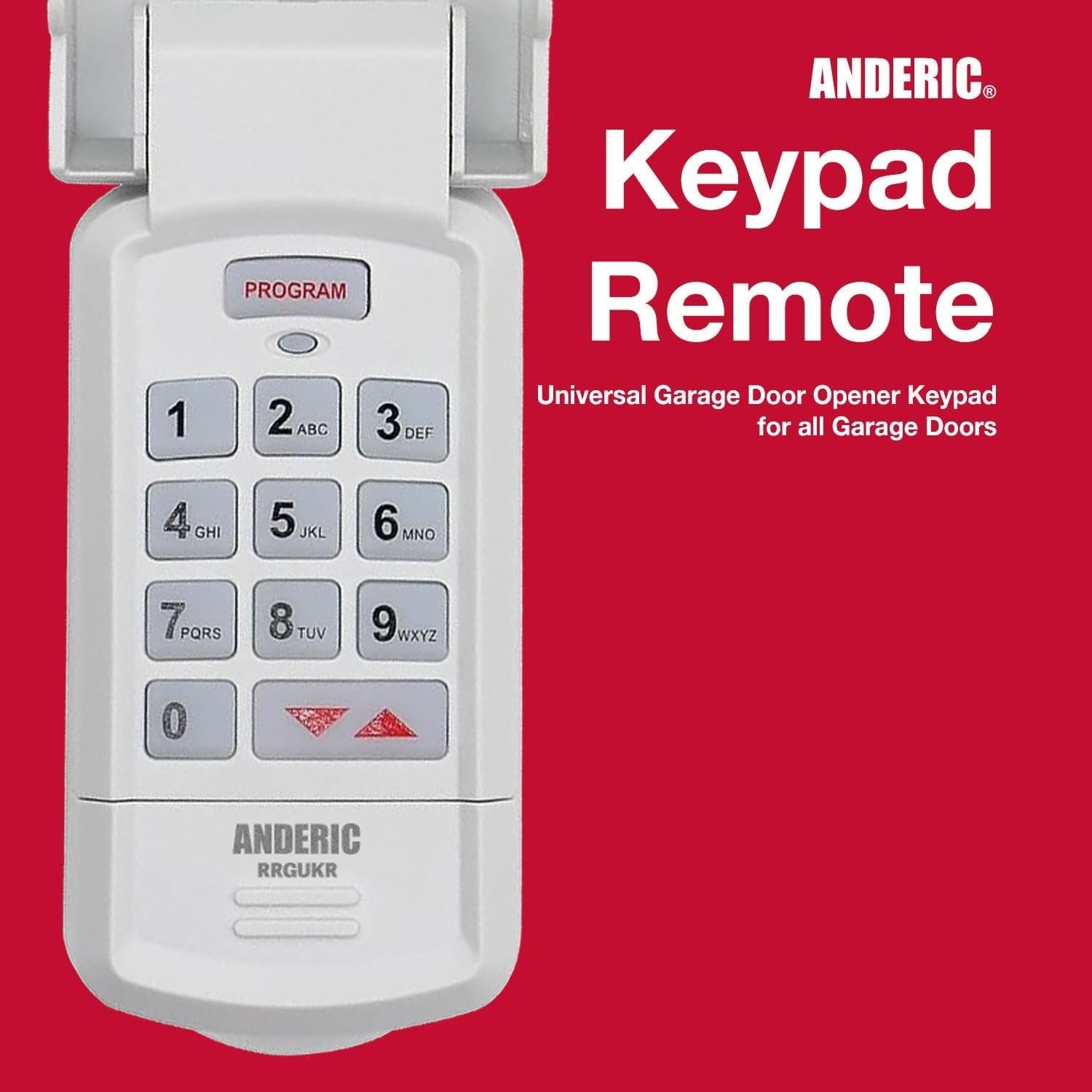 Anderic GUK-R universal garage door keypad with backlit buttons and protective flip cover on a red background