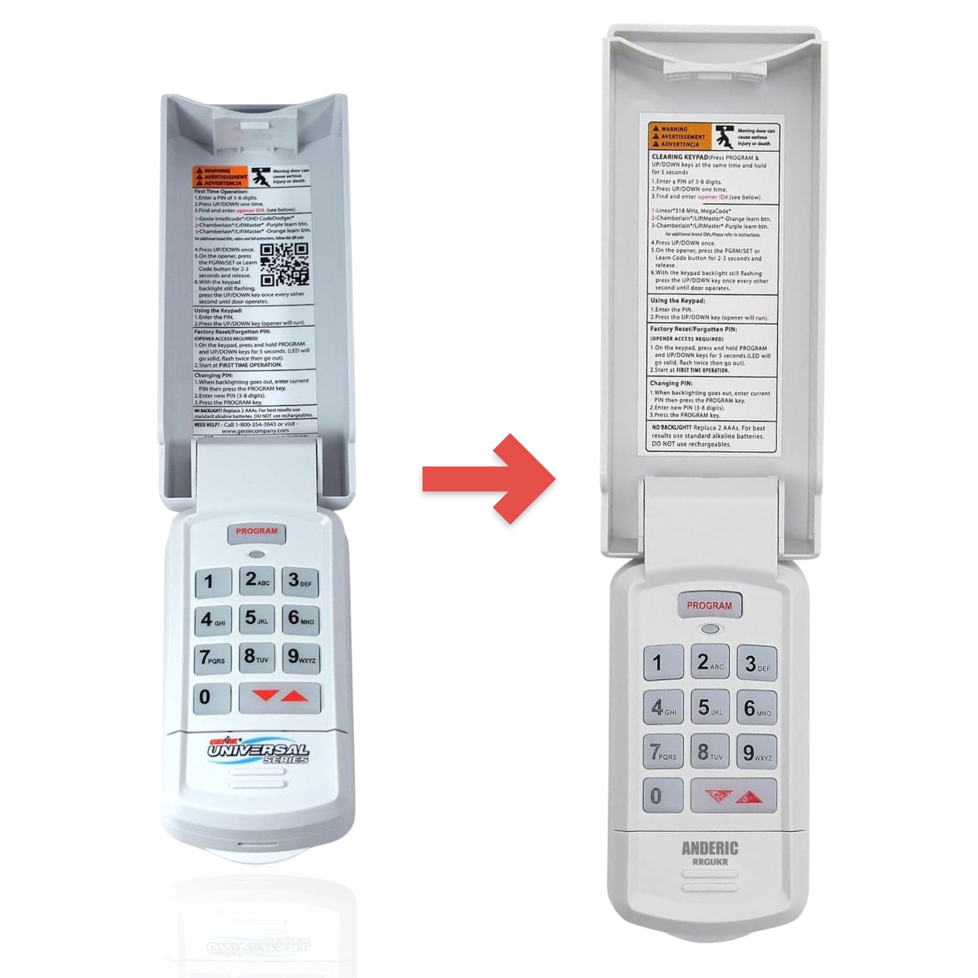 Anderic GUK-R universal garage door keypad with white plastic housing, flip cover, and large backlit numeric buttons.