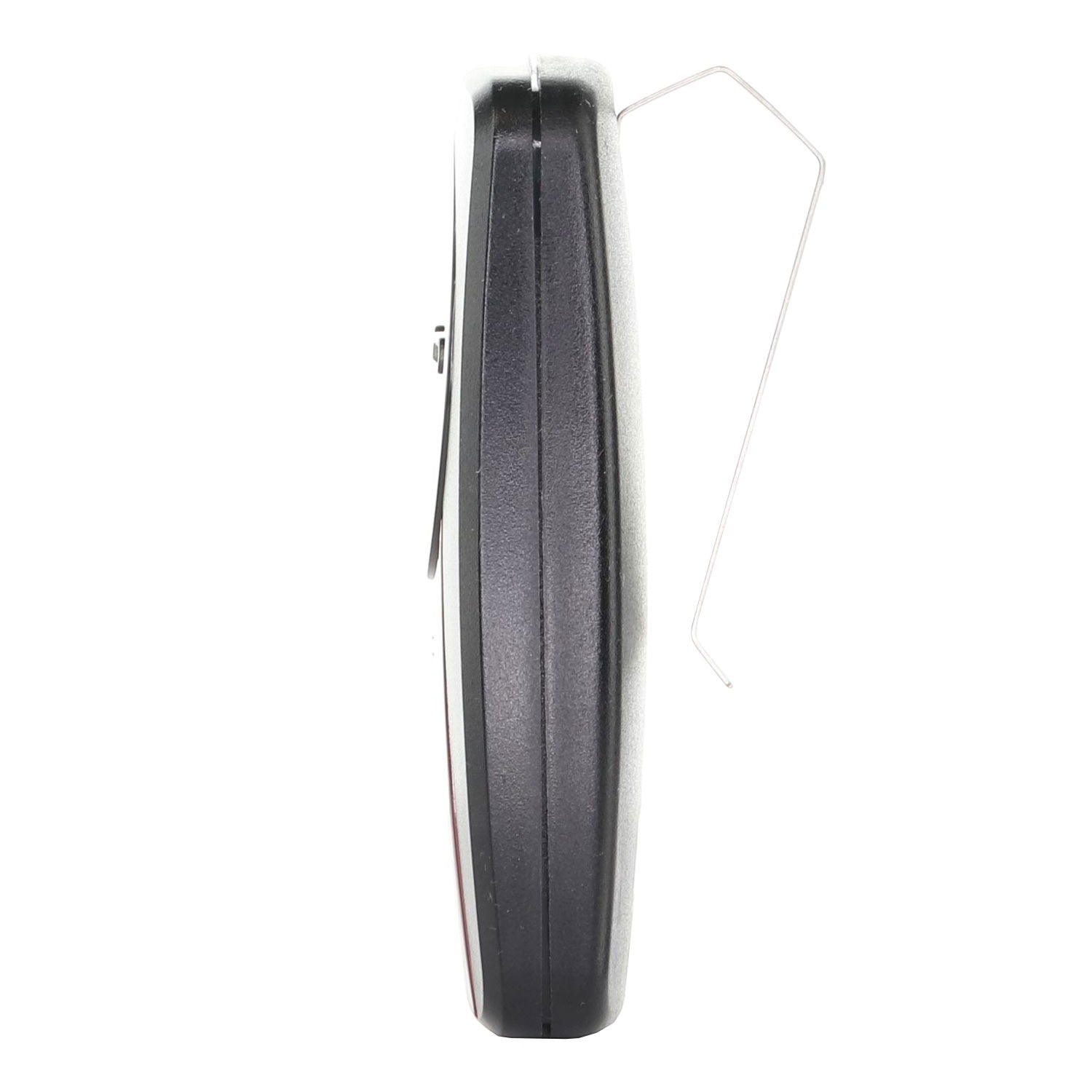 Anderic 2-button universal garage door opener remote control with a metal visor clip, side profile view.