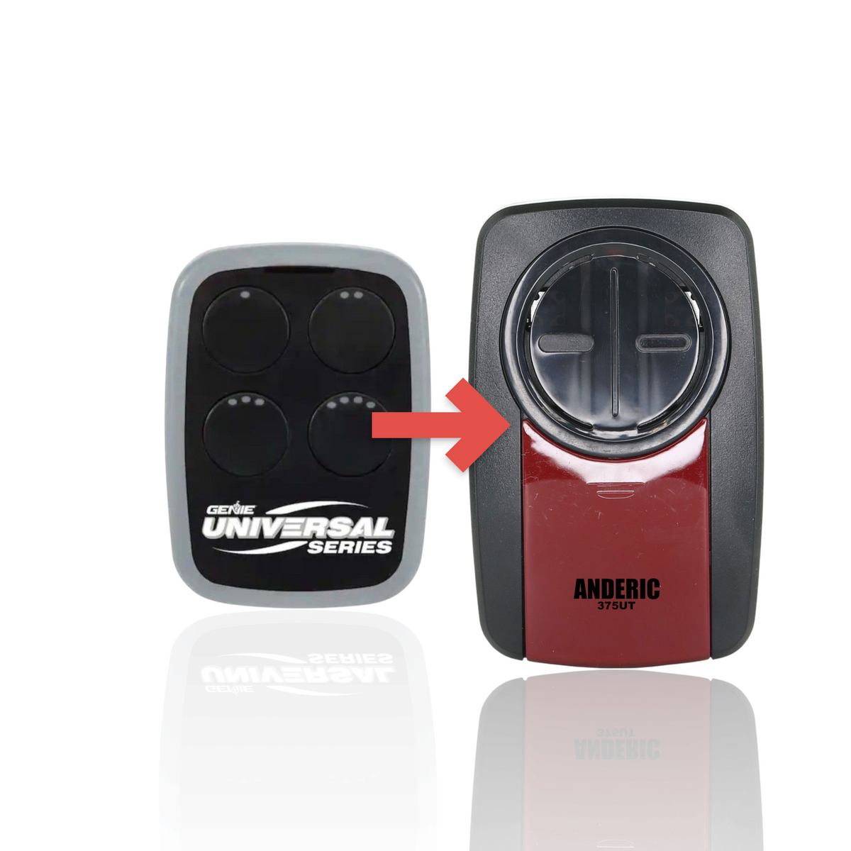 Anderic universal 4-button garage door remote control with black buttons and grey trim for multi-brand compatibility.
