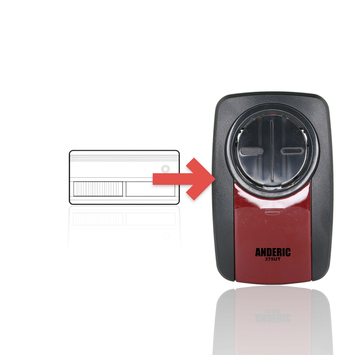 Anderic universal garage door opener remote with two buttons and visor clip, compatible with multiple frequencies.