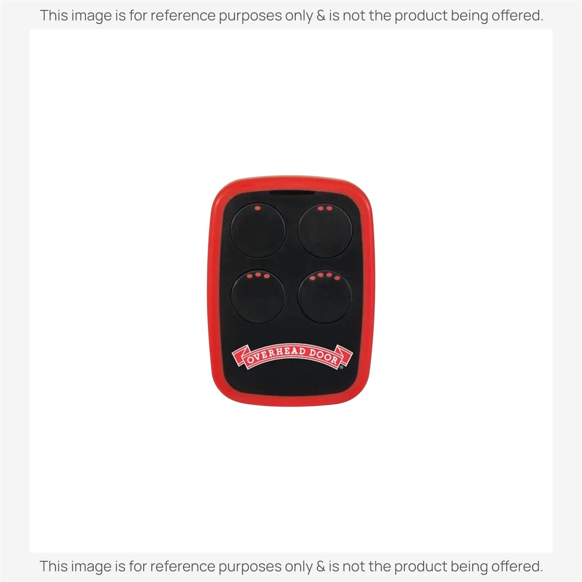 Anderic 4-button universal garage door opener remote with red trim and black buttons featuring Overhead Door branding.