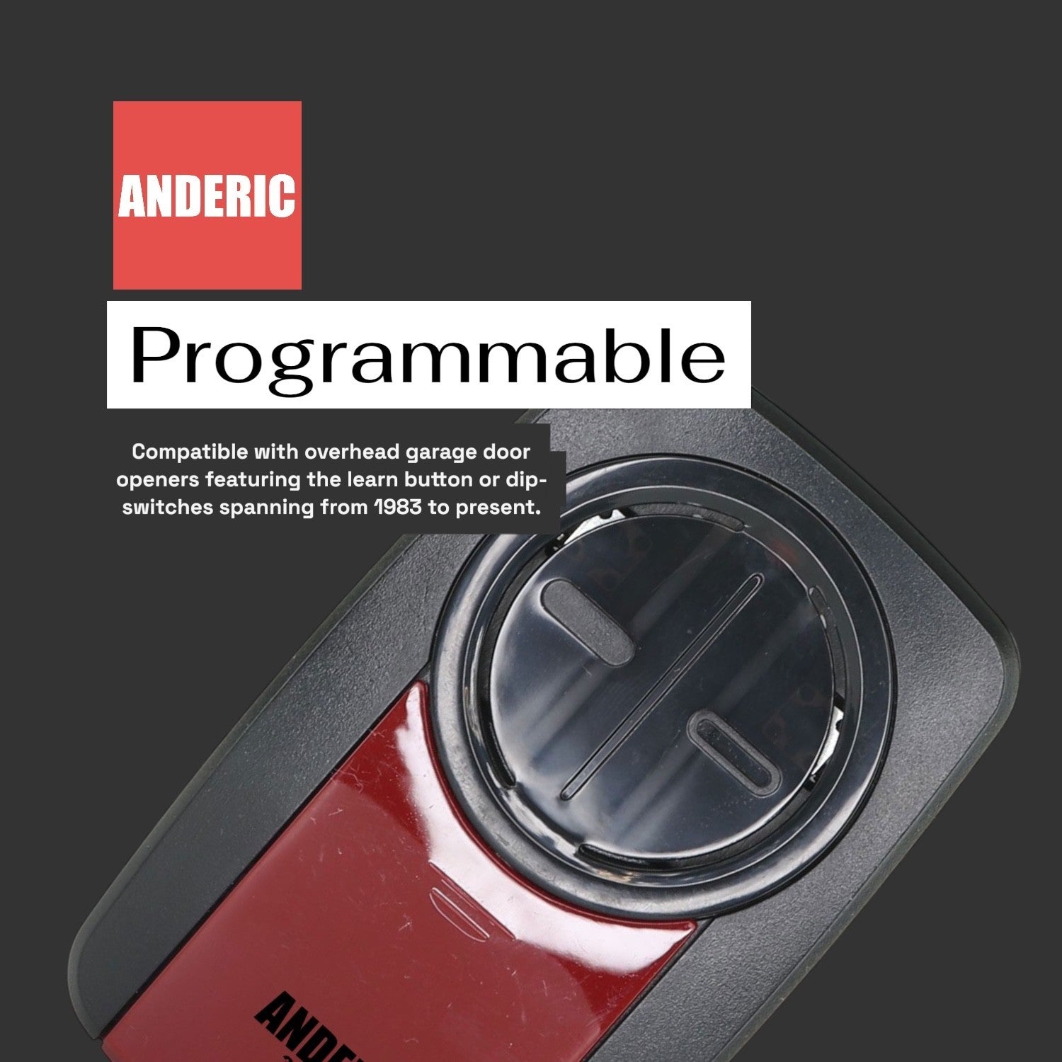Anderic two-button universal garage door remote control with a black and red finish for multiple opener systems.