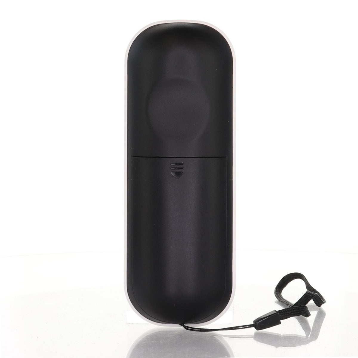 Back view of the Anderic RR1004 universal remote control featuring a black casing and a black wrist strap.
