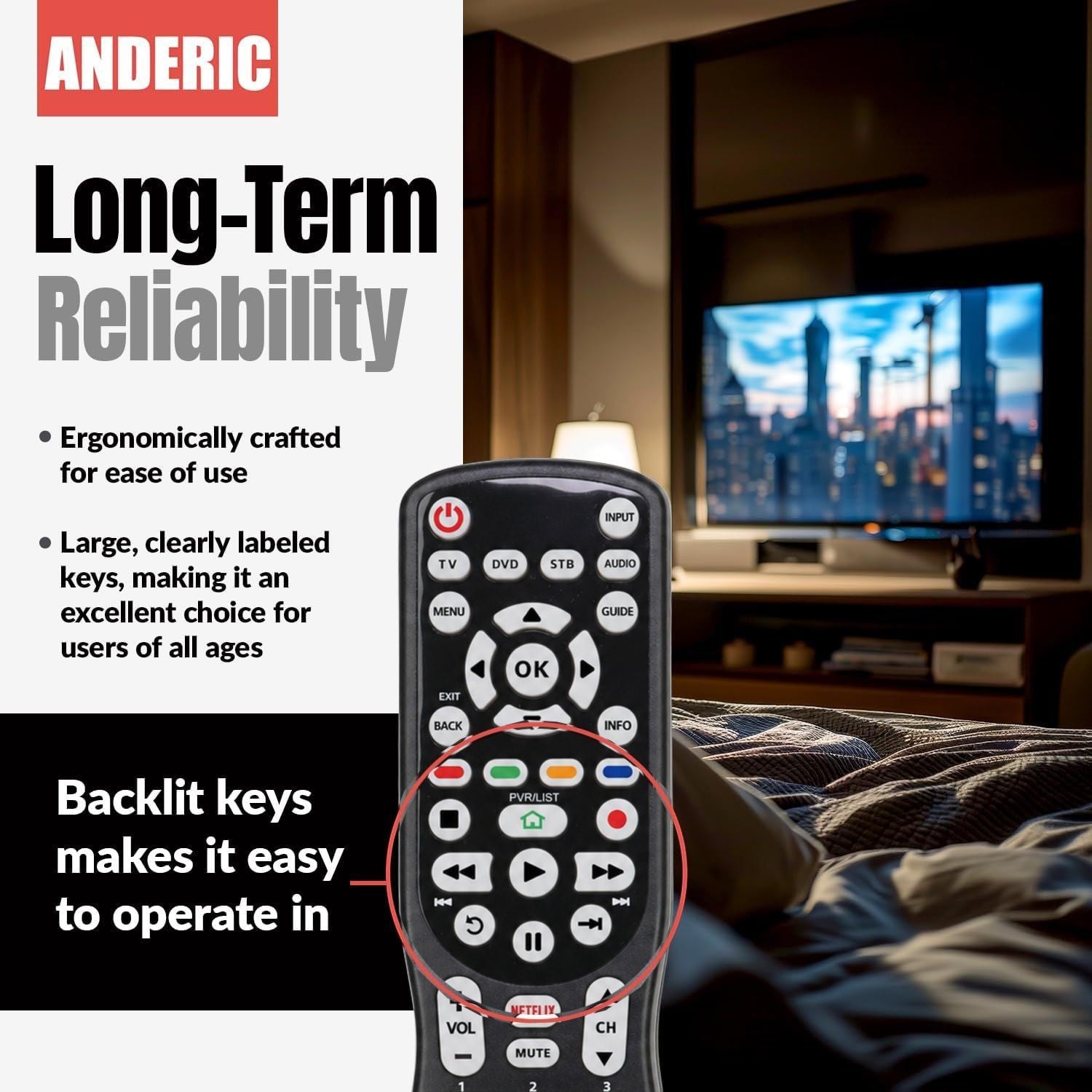 Anderic universal remote control featuring a backlit keypad and ergonomic design for easy home entertainment control.