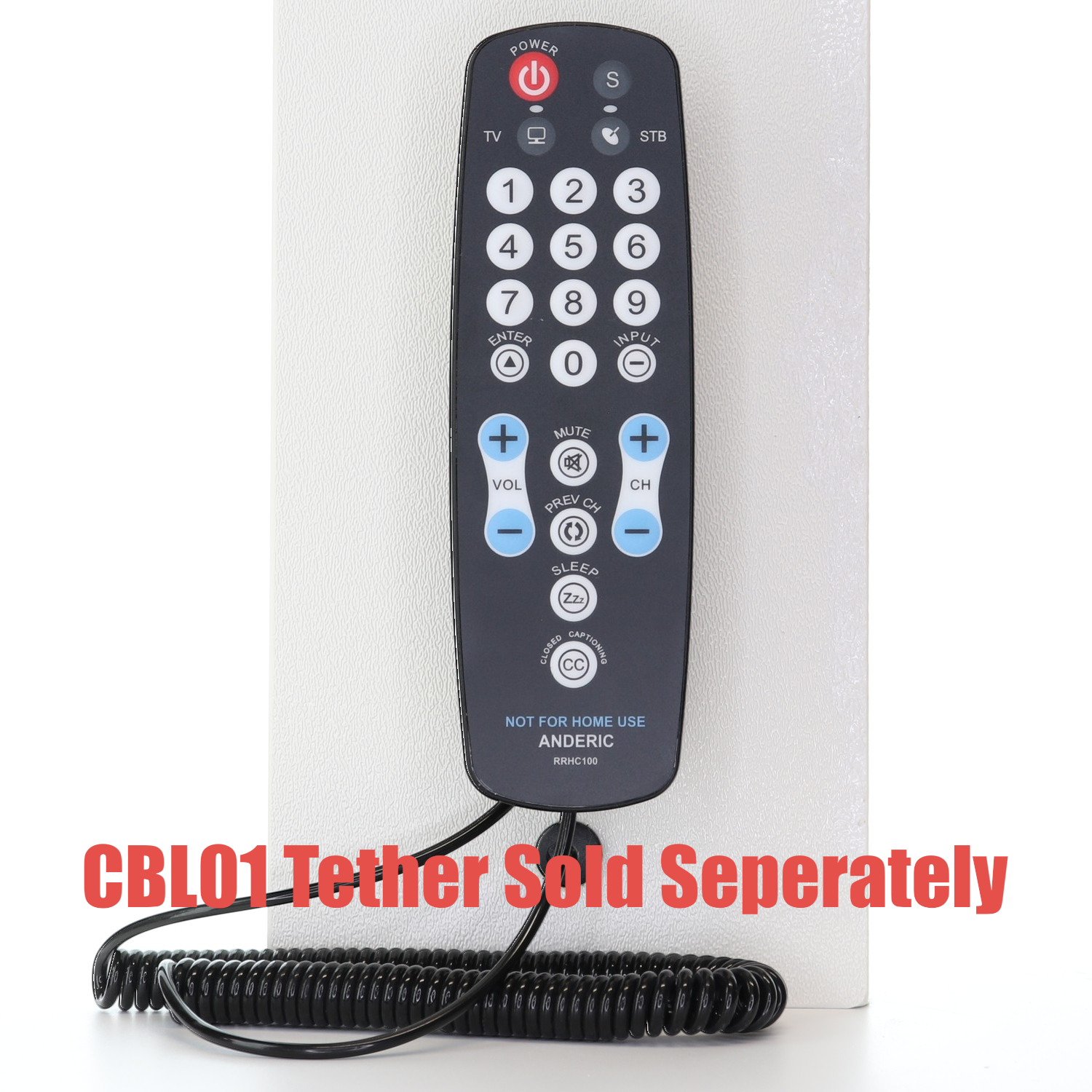 Anderic universal remote control with a coiled cord, featuring large buttons for TV and cable box navigation.