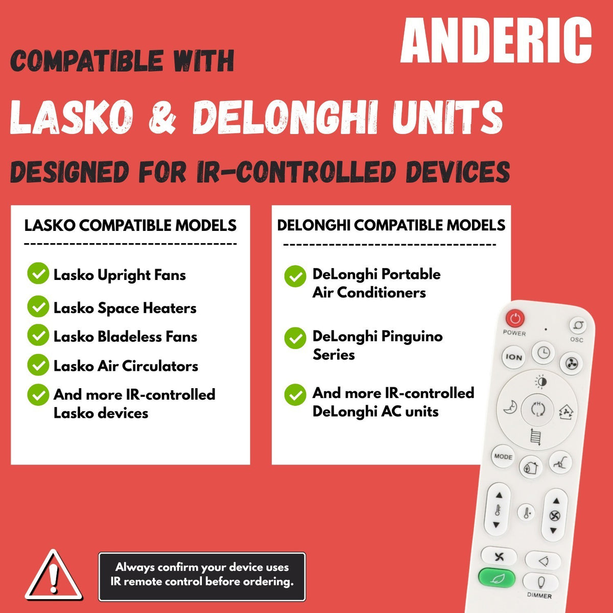 Anderic RRFAN100A universal remote control for Lasko and DeLonghi heaters, fans, and air conditioners.