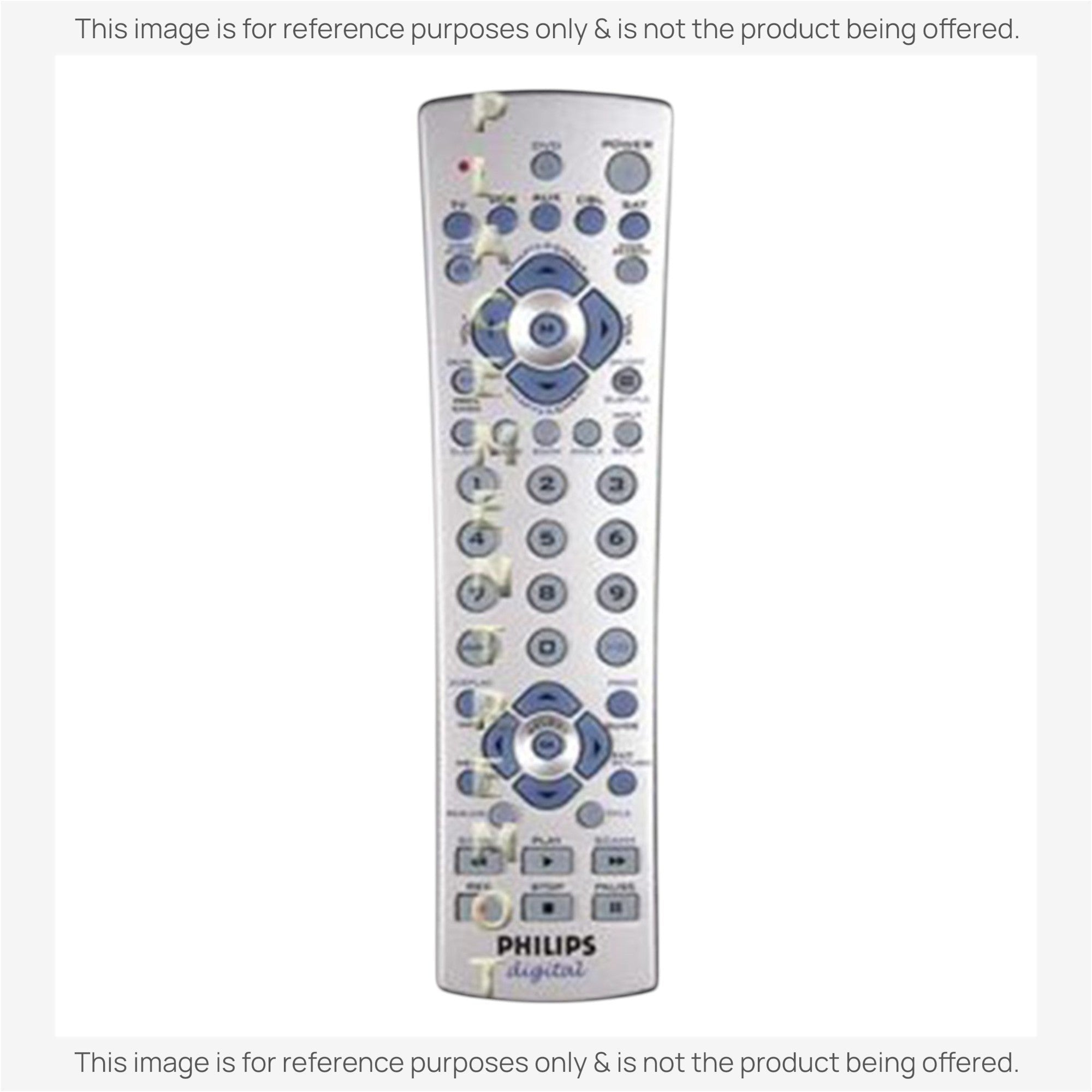 Anderic universal remote control replacement for Philips PMDVD6 with silver finish and blue navigation buttons