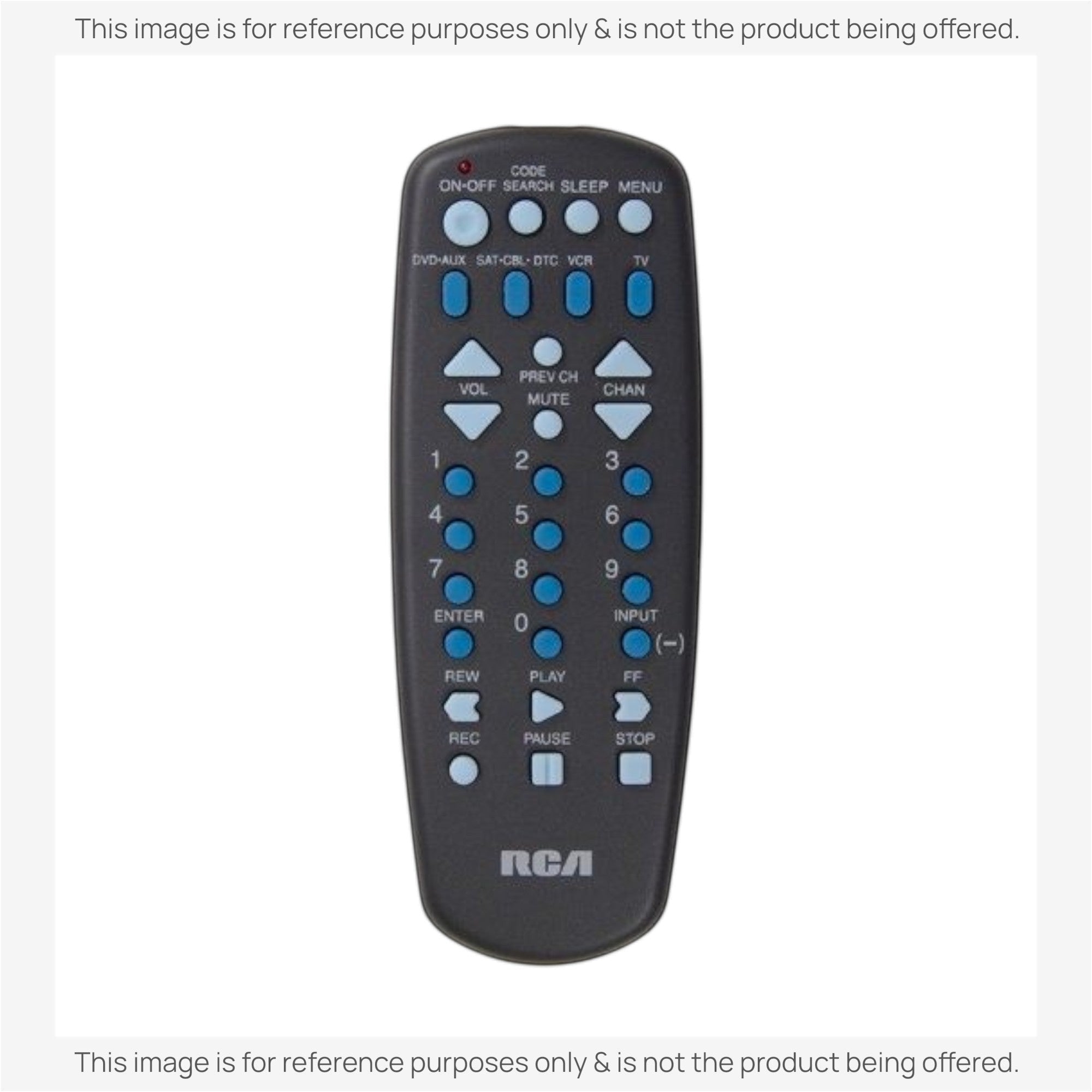 Anderic universal remote control for RCA devices with black casing, blue buttons, and dedicated media playback keys.
