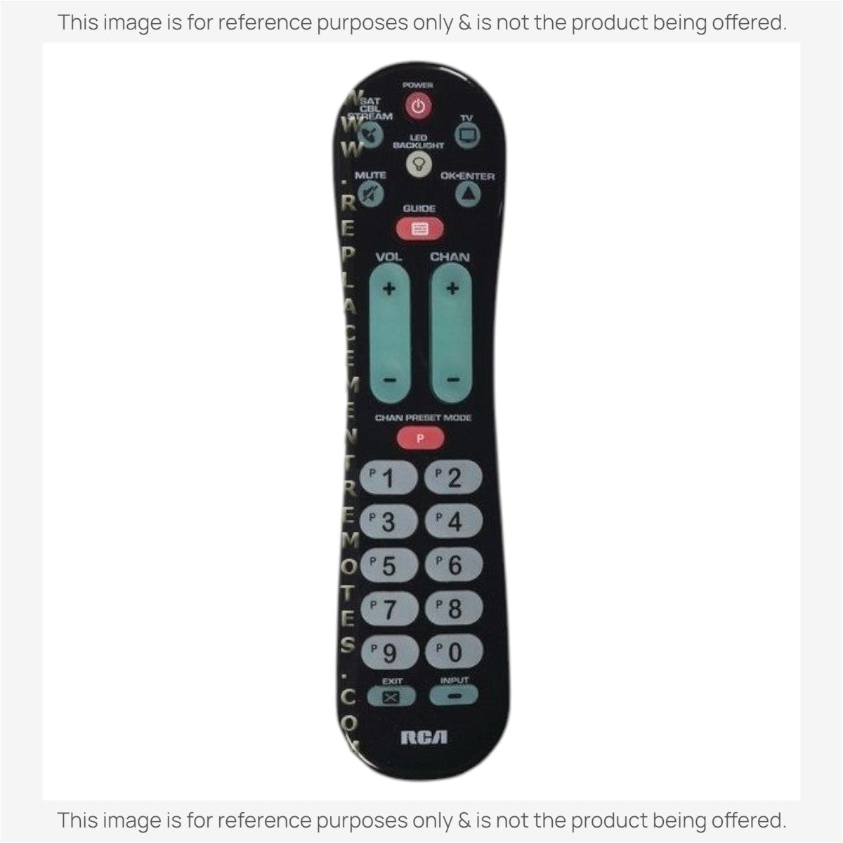 Anderic RRH100 universal remote control for RCA televisions with black casing and clearly labeled buttons.