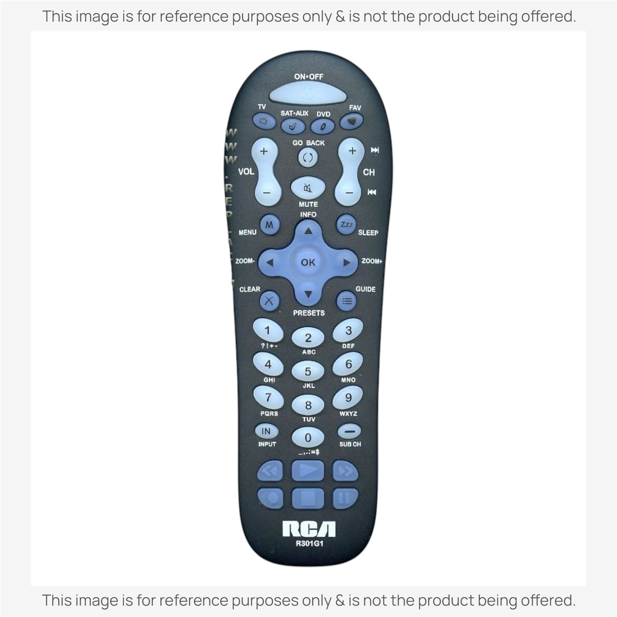 Anderic universal remote control for RCA devices with a black body and blue buttons featuring a backlit keypad.