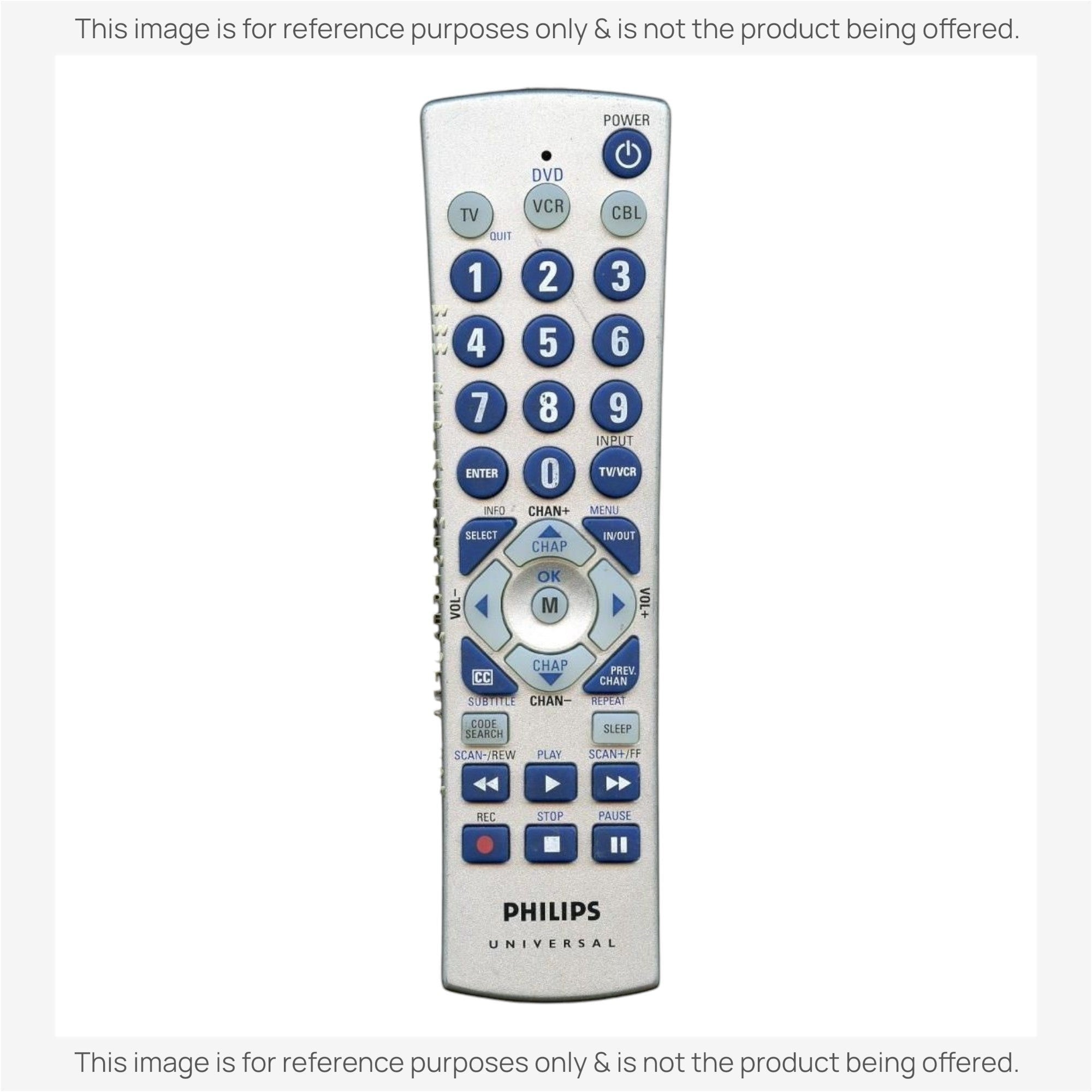 Anderic universal remote control replacement for Philips CL035 with blue buttons and silver casing