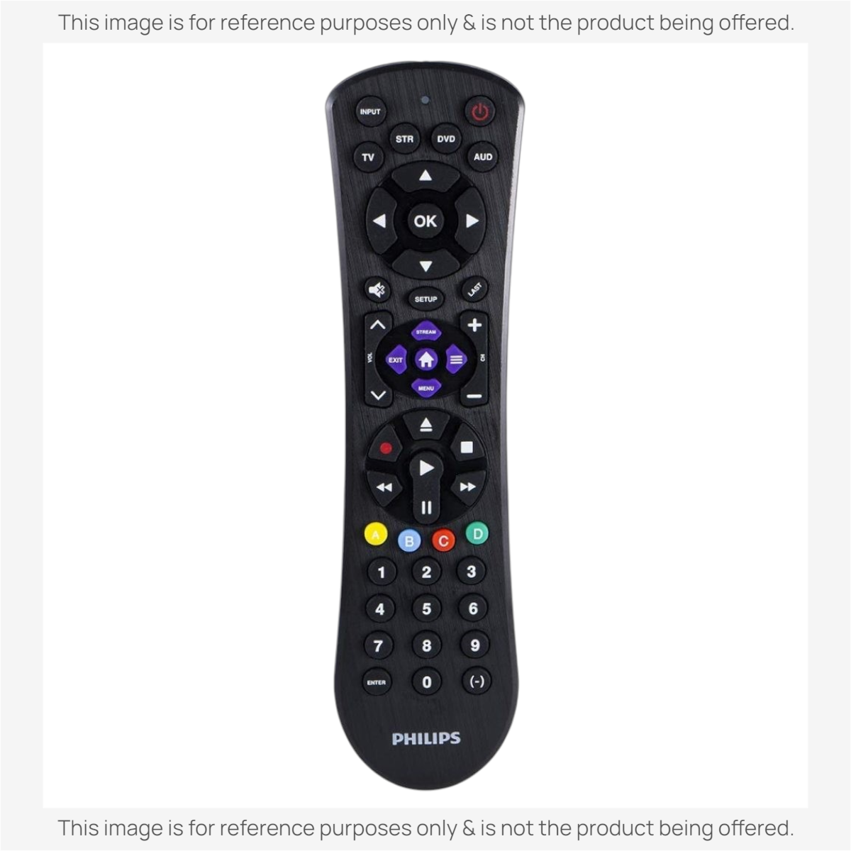 Anderic 4-device universal remote control with backlit keypad, large navigation buttons, and dedicated Roku controls.