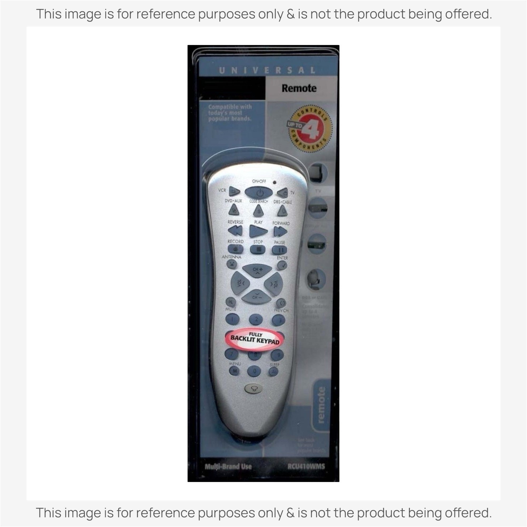 Anderic universal remote control for 4 devices with a silver finish and backlit keypad in original retail packaging.
